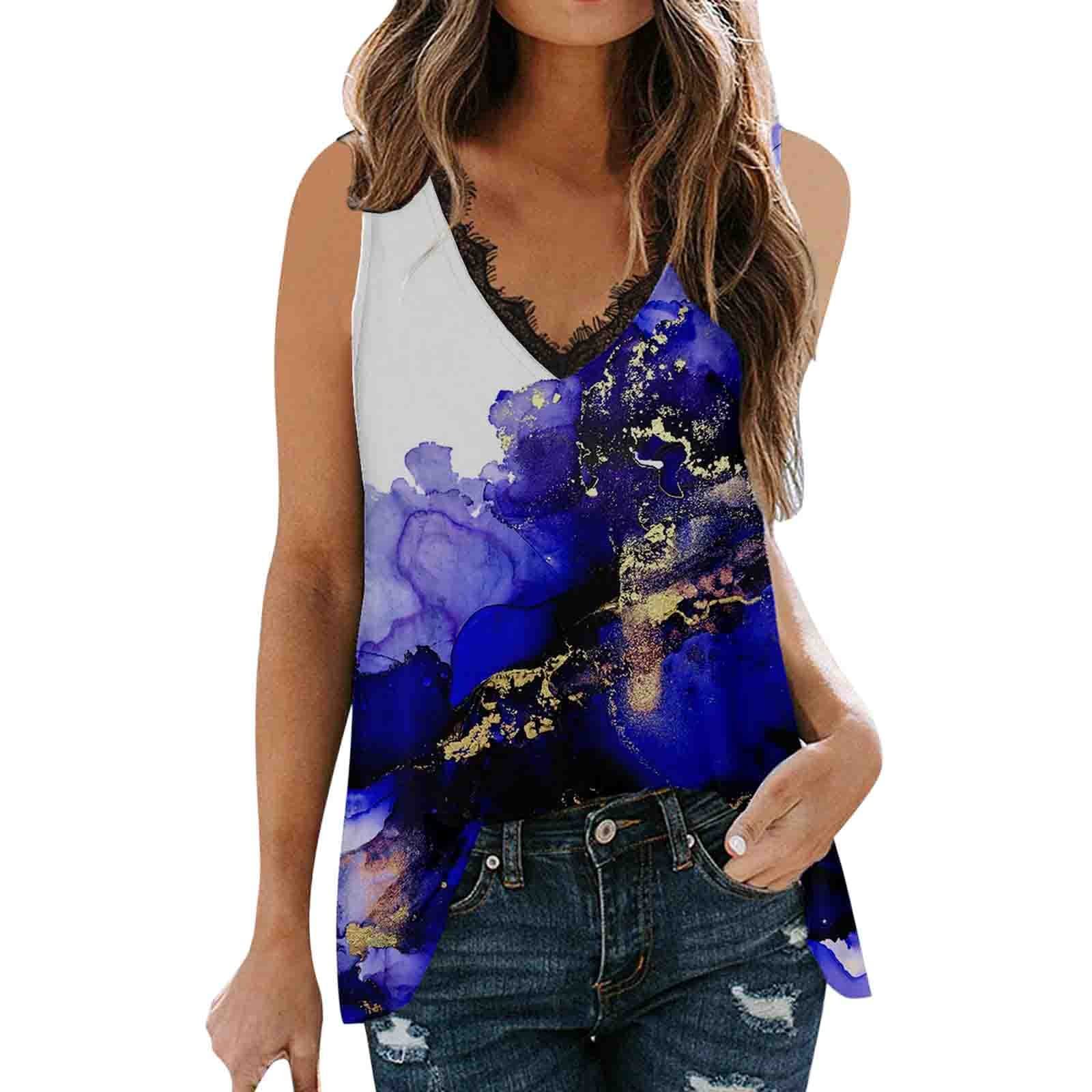 Women's Summer Fashion Tank Tops - Sleeveless Tie Dye Printed V-Neck Lace Casual Vest | Perfect for Beach Outings, Music Festivals & Summer Vacations