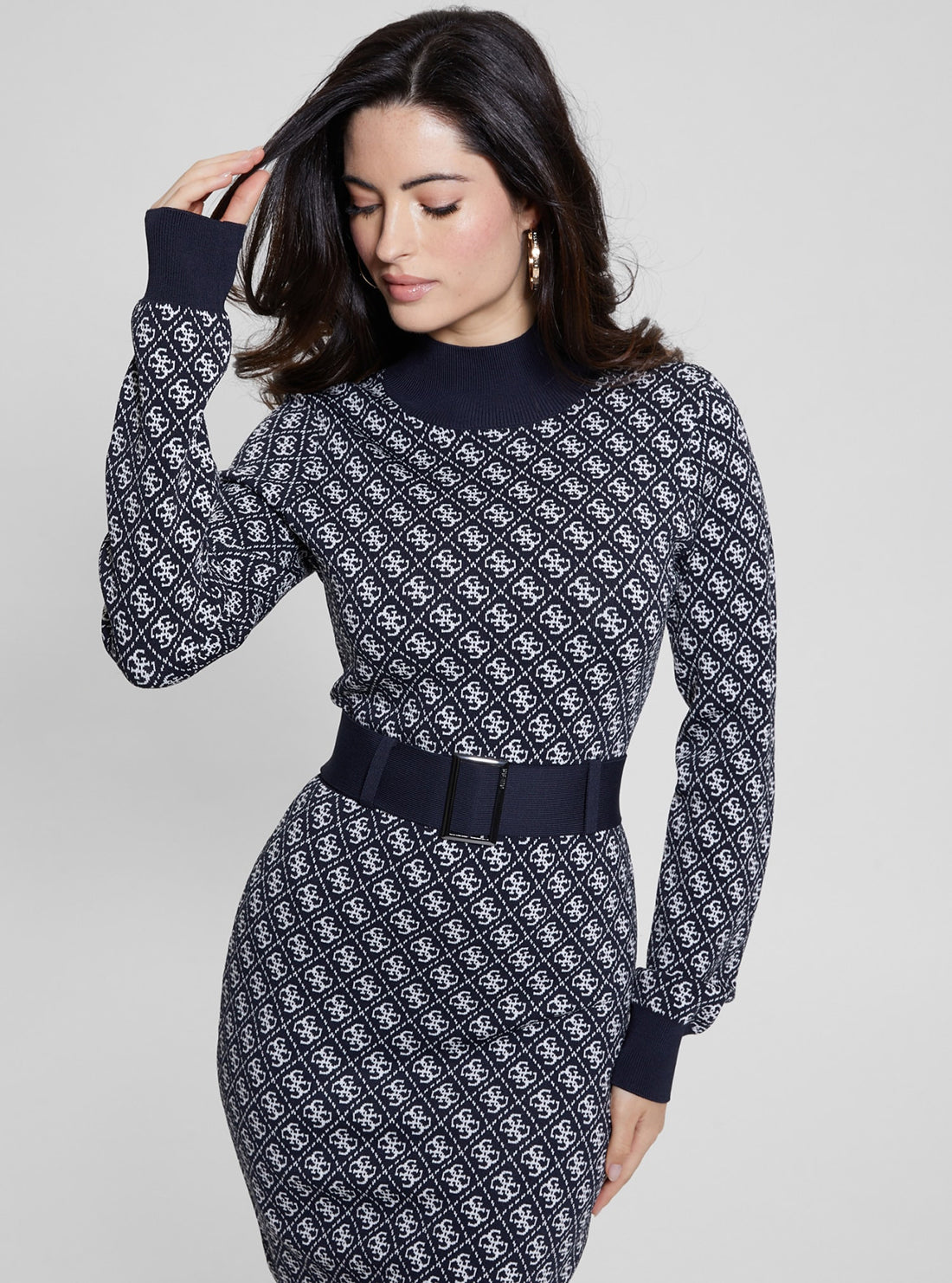 Blue Logo Belted Knit Midi Dress for Women - Stylish Casual & Office Wear - Perfect for Work, Dates and Special Occasions
