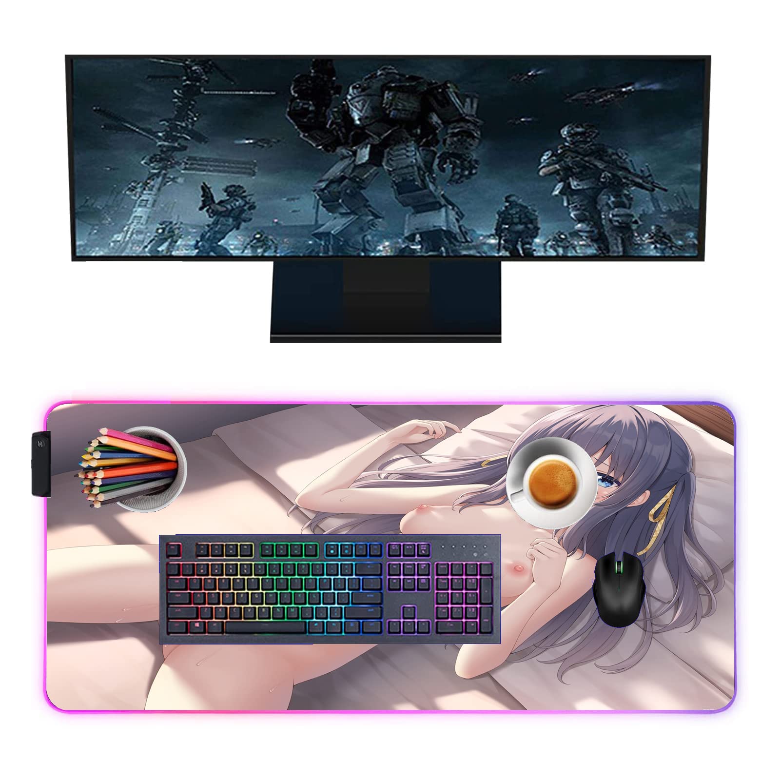 Anime Girl RGB Gaming Mouse Pad - XXL LED Backlit Mouse Mat for PC & Computer, 35.43 x 15.74 Inch Large Desk Mat for Keyboard & Mouse - Perfect for Gaming Setup, Office Work & Streaming Station