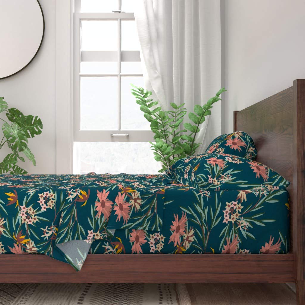 100% Cotton Twin Sheet Set 3-Piece - Tropical Floral Wildflowers Garden Print in Navy, Pink & Yellow | Custom Bedding for Home Decor, Guest Room & Boho Chic Style