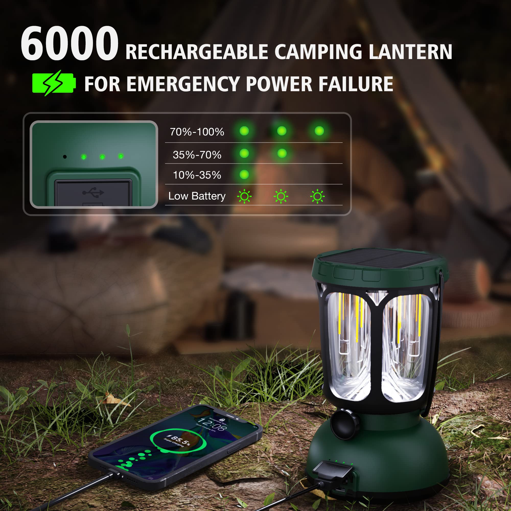 Raynic 6000 LED Camping Lantern - 650LM Solar & Hand Crank Rechargeable Emergency Light with USB Cable for Power Outages, Hurricanes, Outdoor Adventures, Hiking & Home Emergency Preparedness