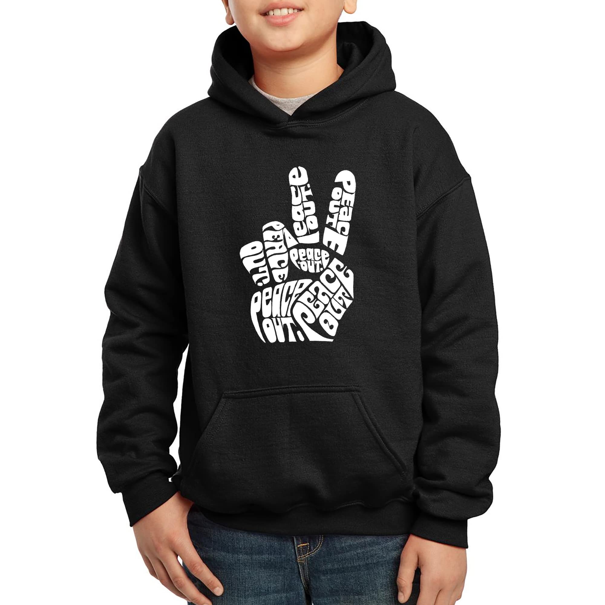 LA POP ART Boys' Word Art Hooded Sweatshirt - Peace Out Graphic Pullover | Trendy Streetwear for Teens & Kids | Perfect for Casual Wear, School & Urban Fashion