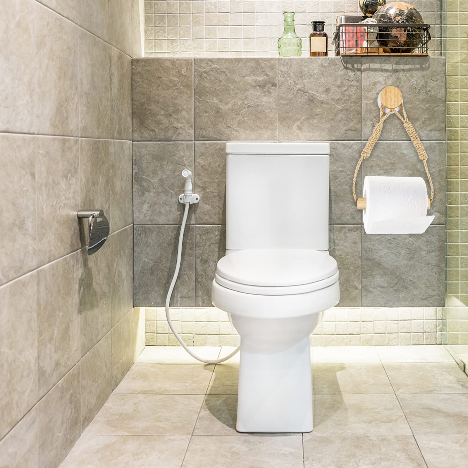 2-Pack Vintage Rope Toilet Paper Holder - No Drill Self-Adhesive Bathroom Tissue Roll & Towel Holder - Perfect for Small Bathrooms, RVs, and Apartments