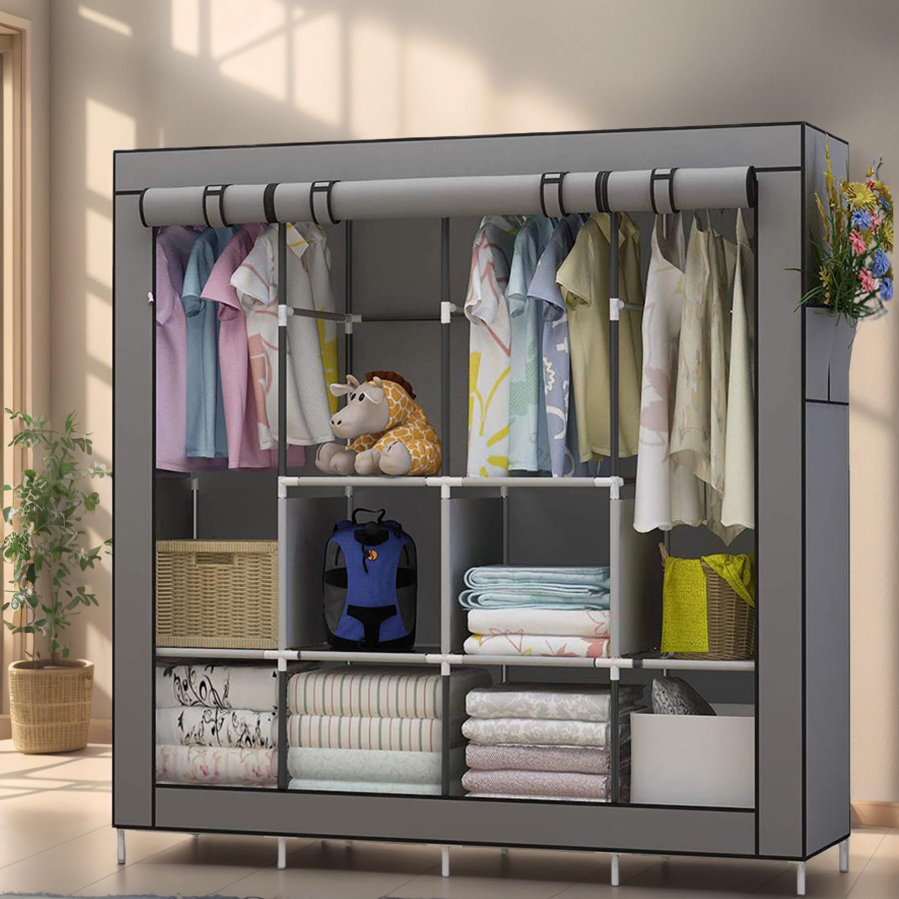 UDEAR Portable Closet - Large Wardrobe Organizer with 6 Shelves, 4 Hanging Sections & 4 Side Pockets (Grey) - Perfect for Bedroom, Closet, Dorm & Small Space Storage