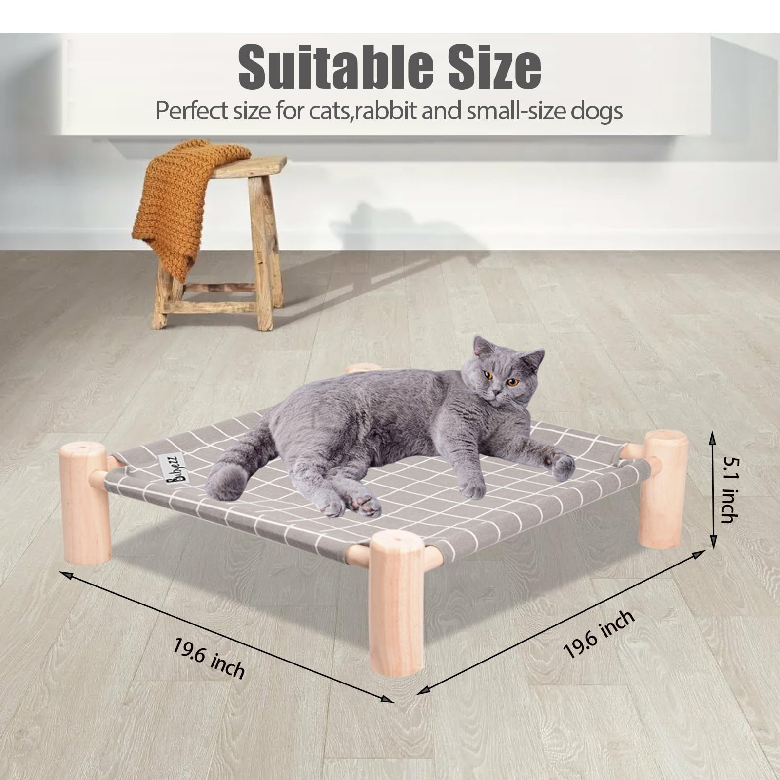 Elevated Cat Bed & Hammock - Pine Wood Small Dog & Bunny Bed - Breathable All-Season Outdoor/Indoor Pet Cot - Gray Grid Design for Comfortable Sleeping & Relaxation - Perfect for Cats, Small Dogs & Rabbits in Home, Garden or Patio