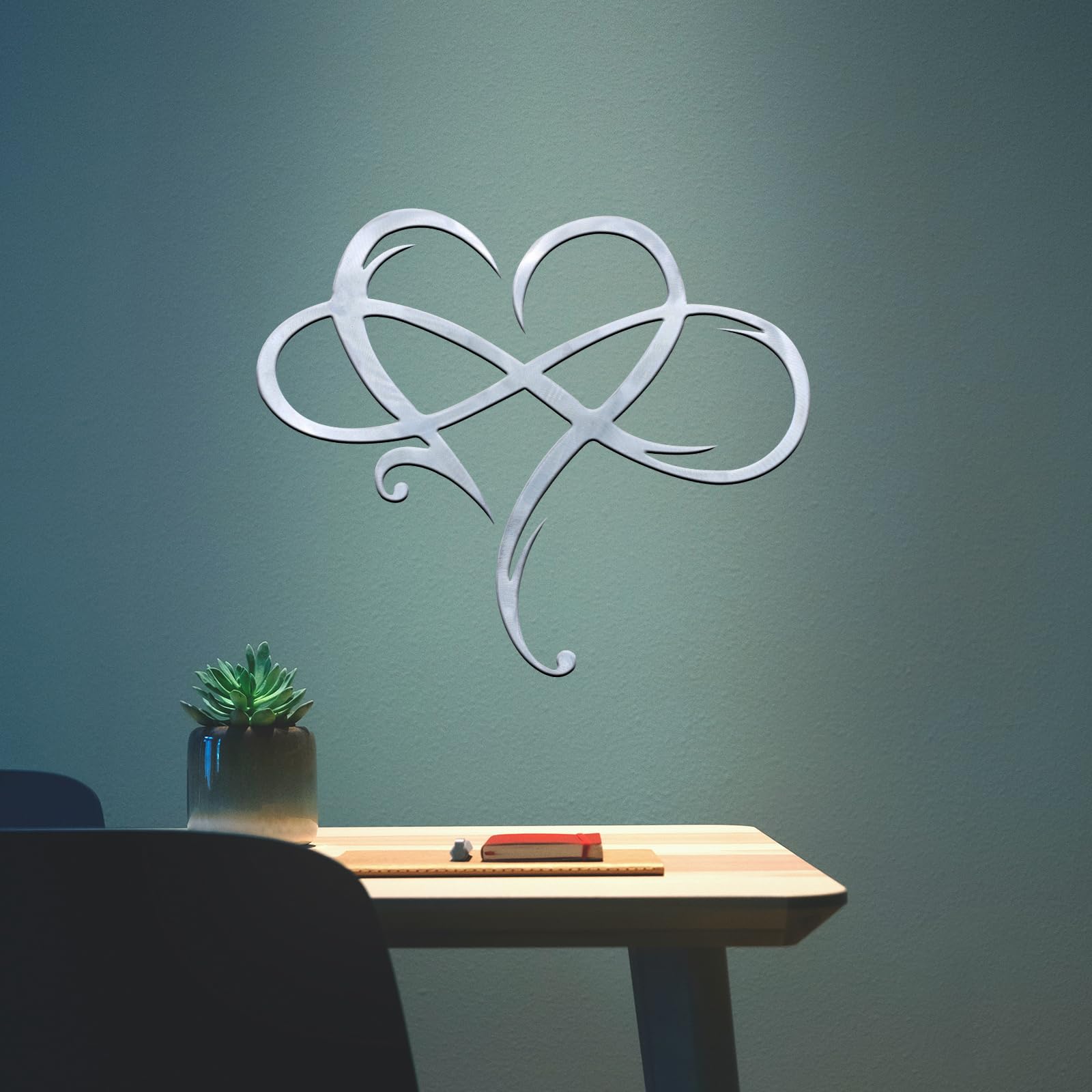 Infinity Heart Metal Wall Art - Elegant Geometric Steel Wall Decor for Bedroom, Living Room, Wedding - Unique Love Sign Plaque & Home Ornament - 11.4x13.7 Inch Silver Wall Hanging for Romantic Decor, Housewarming Gift & Anniversary Present
