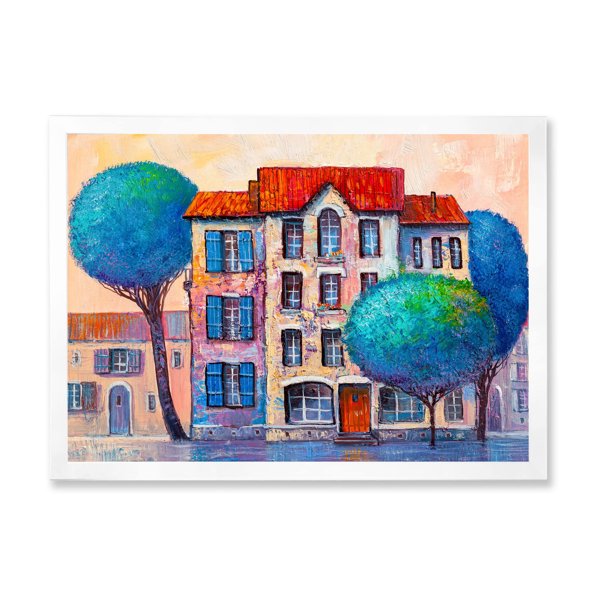 DesignQ Modern Framed Wall Art - Red Roof House with Autumn Trees Landscape Painting - Perfect for Living Room, Bedroom & Office Decor