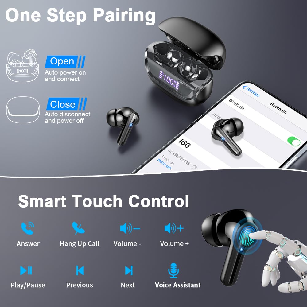 Wireless Earbuds Bluetooth 5.4 with Deep Bass & ENC Noise Cancellation, 45H Playtime LED Display IP7 Waterproof in-Ear Headphones for Android iOS - Perfect for Gym, Running, Commuting & Work Calls