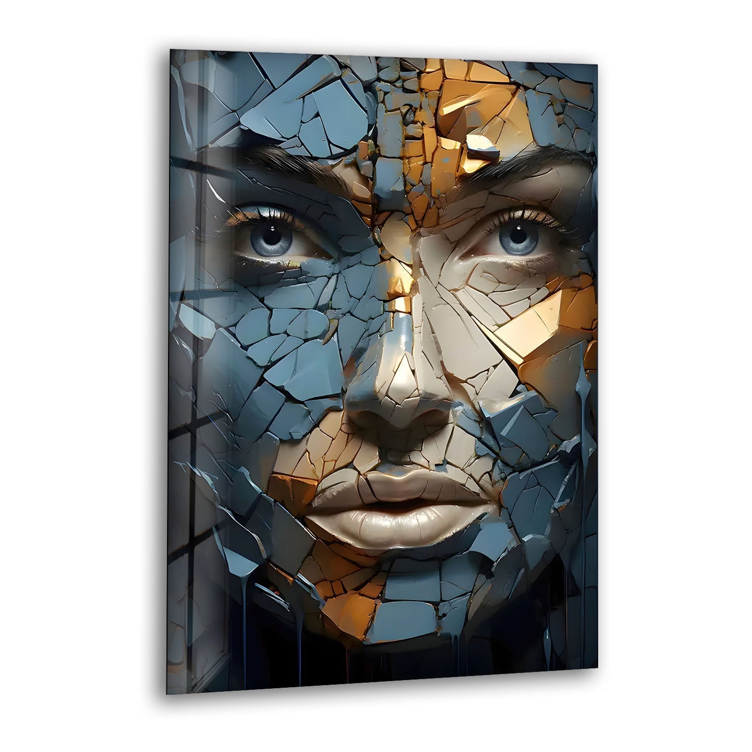 Blue Cracked Design Woman Glass Wall Art - Elegant Home Decor for Living Room, Bedroom & Office - Perfect Gift Idea