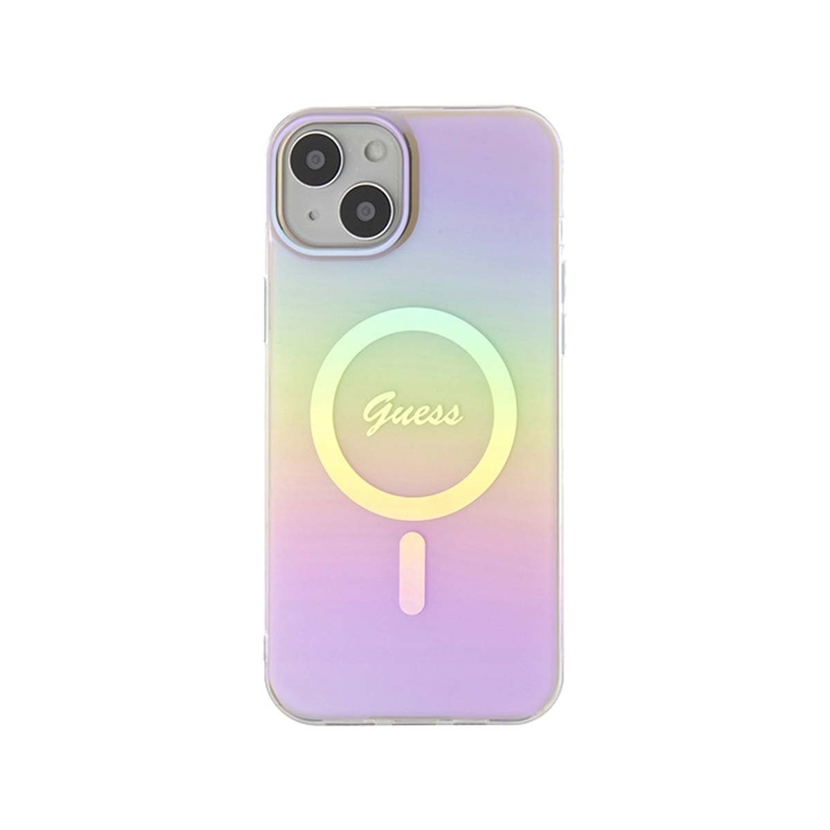 Guess Script MagSafe Case for iPhone 15 - Iridescent Pink | Slim Protective Cover with Magnetic Alignment | Perfect for Work, Travel & Everyday Use