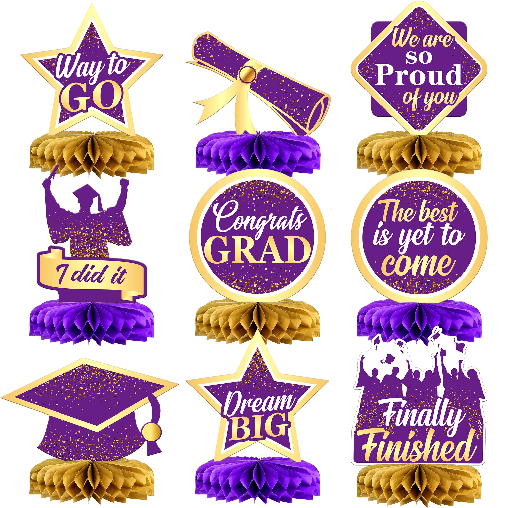 KatchOn Purple & Gold Graduation Centerpieces for Tables 2025 - Pack of 9 Honeycomb Decorations | Class of 2025 Graduation Party Decor | Perfect for Graduation Ceremonies, Banquets & Photo Backdrops