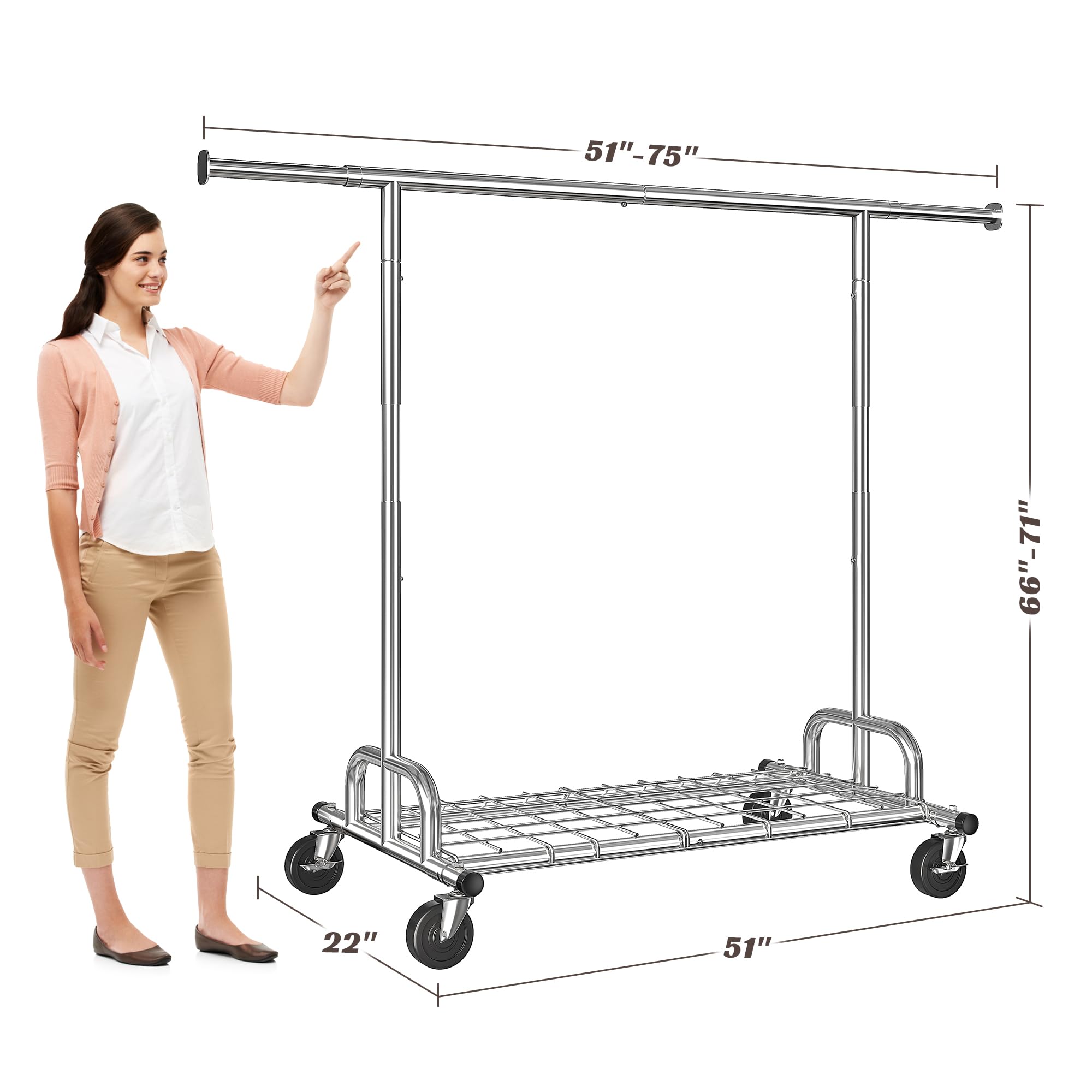 Raybee Heavy Duty Garment Rack - 480LBS Capacity Adjustable Rolling Clothes Rack with Wheels - 71