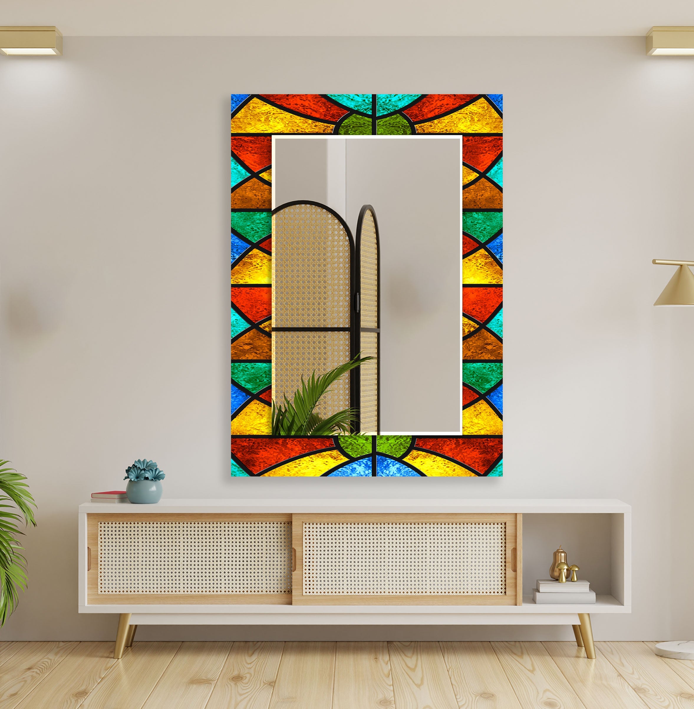 Vibrant Stained Geometric Wall Mirror - Modern Decorative Accent for Living Room, Bedroom & Entryway