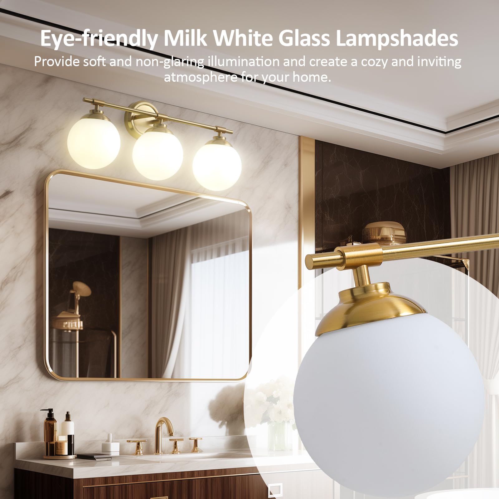 Rayogale 23 Inch Gold Modern Bathroom Vanity Light Fixture - 3 Light Over Mirror Vanity Lighting with Milk-White Glass Shades, E26 Base (Bulbs Not Included) - Perfect for Bathroom, Powder Room, and Dressing Room Makeup Area