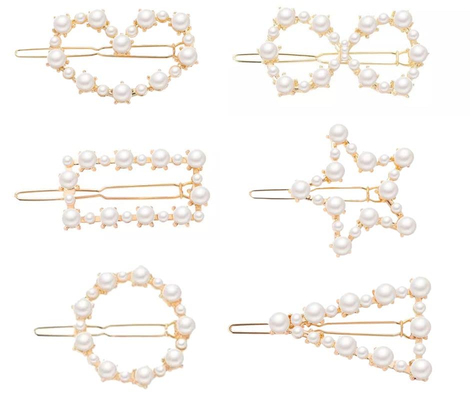 Korean Style Gold Metal Pearl Geometric Stone Lock Hair Pins - 6 PCS Women's Hair Clips & Hair Accessories for Wedding, Party, and Everyday Elegant Hairstyles