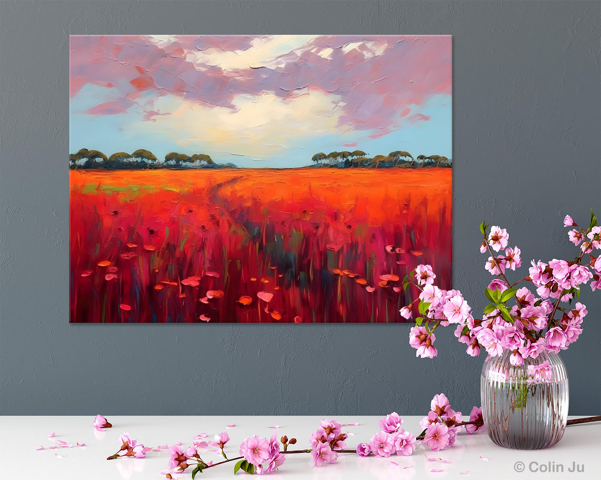 Abstract Acrylic Landscape Canvas Painting - Red Poppy Flower Field Wall Art for Living Room Decor | Modern Home & Office Wall Decor