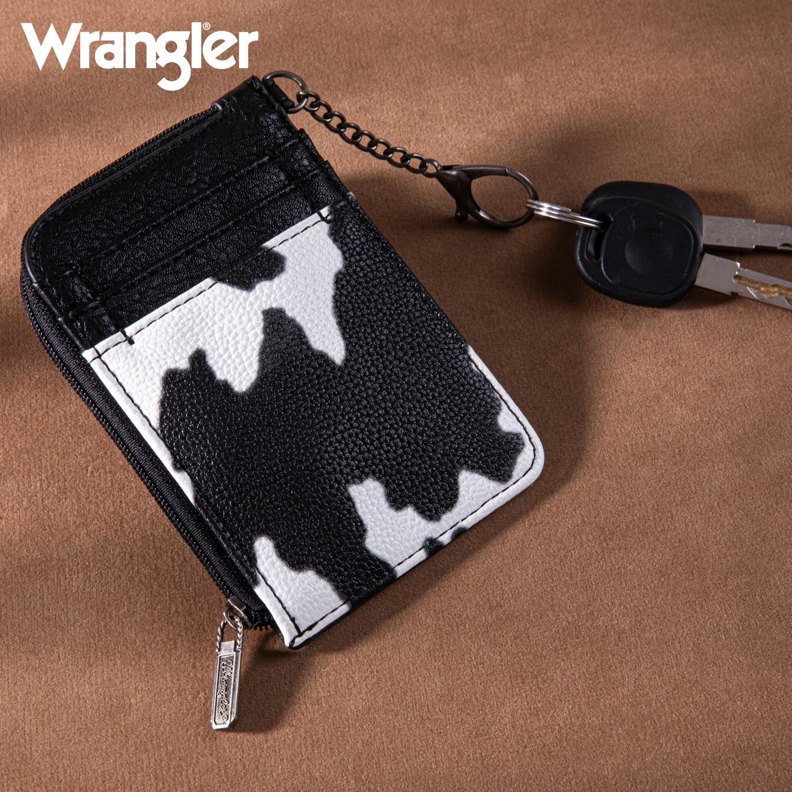 Wrangler Black Cow Print Western Style Women's Slim Wallet - Small Credit Card Holder with Zipper Pocket, Minimalist Keychain Wallet for Everyday Use, Travel & Shopping