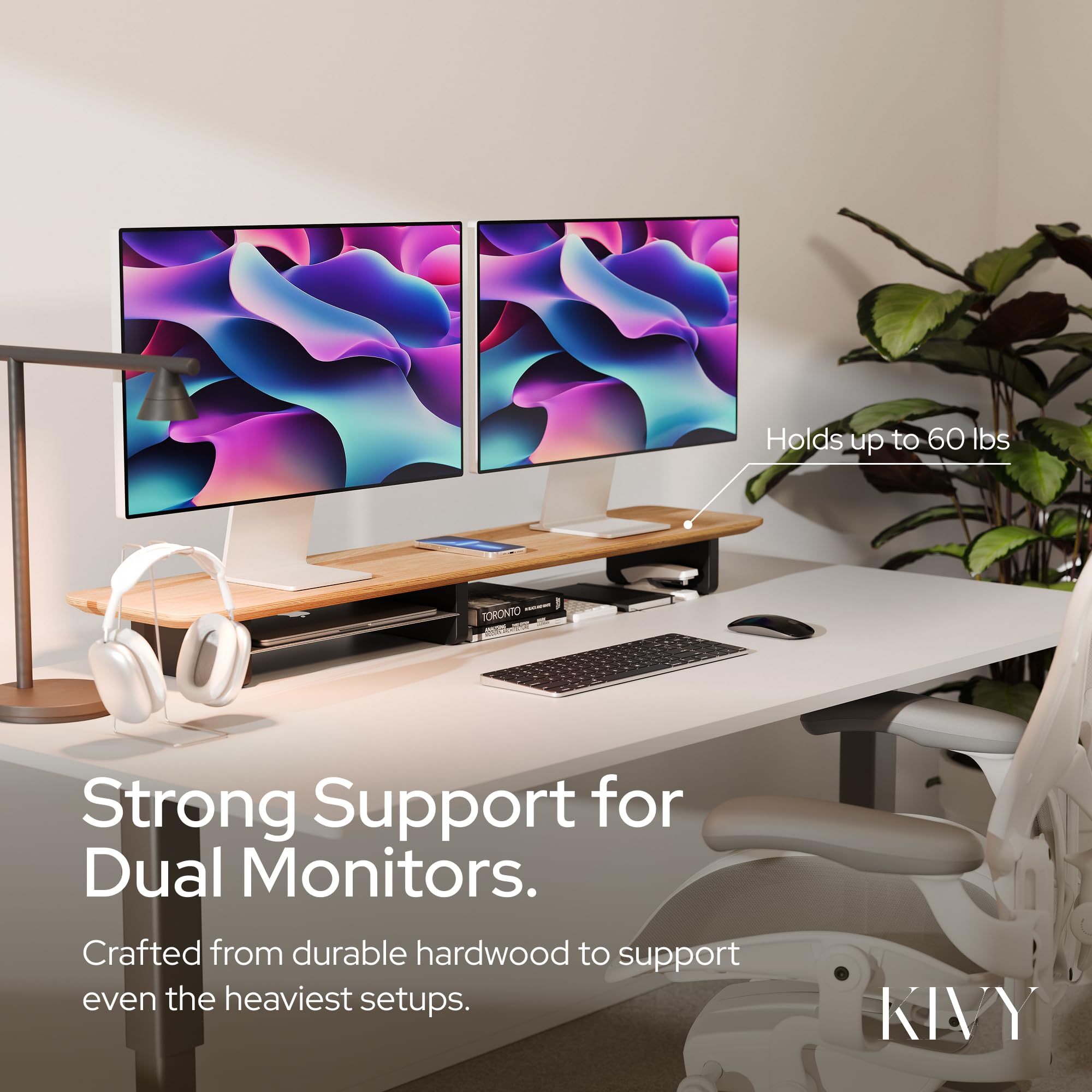 Dual Monitor Stand with Integrated Metal Shelf - Handmade Wooden Desk Riser for 2 Screens - Wide 44 Inch Long Monitor Stand for Office & Gaming Setup (Black, 44x10x3 Inches) - Perfect for Ergonomic Workspace & Multi-Tasking Professionals