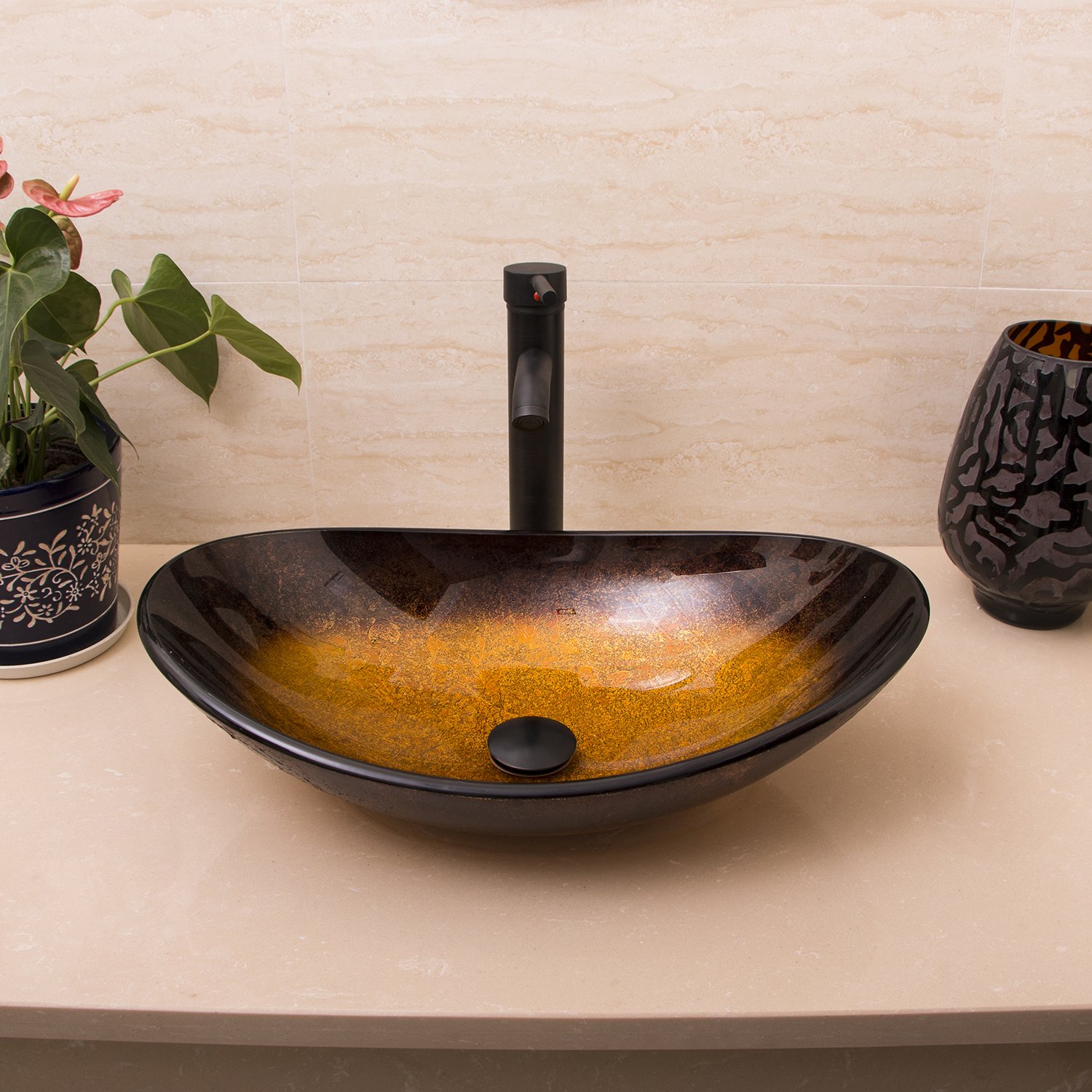 Artistic Oval Glass Vessel Sink for Bathroom with Oil-Rubbed Bronze Faucet & Drain - Modern Boat-Shaped Bathroom Vanity Sink for Luxury Home Decor & Spa Retreats