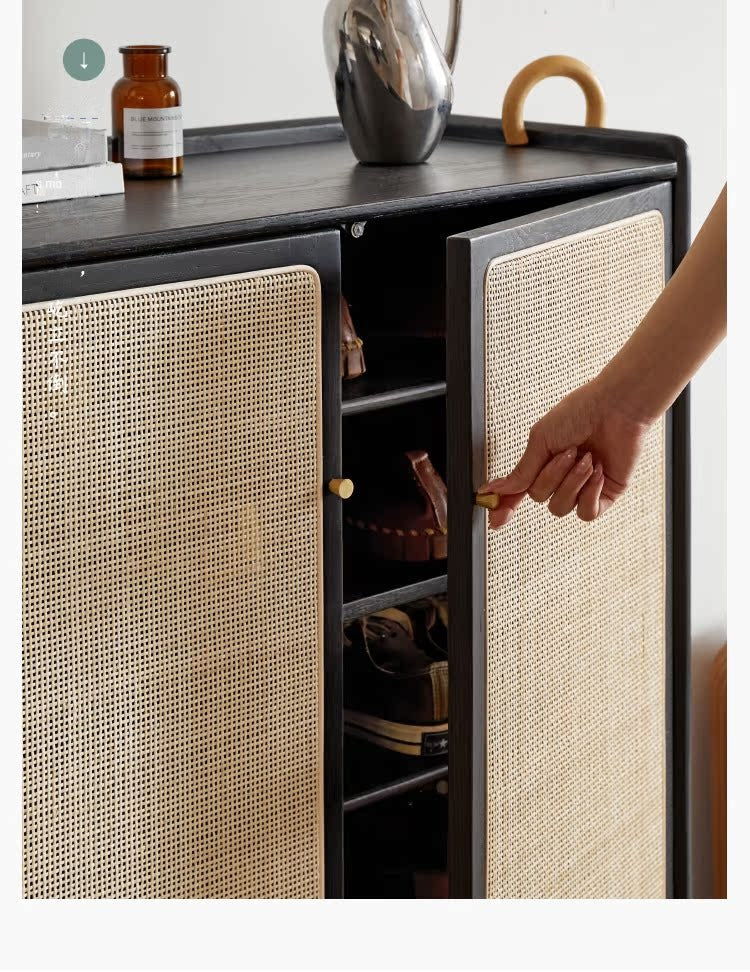 Oak Solid Wood Rattan Shoe Cabinet with Smoky Finish - Stylish Entryway Storage Organizer for Hallway, Living Room & Bedroom