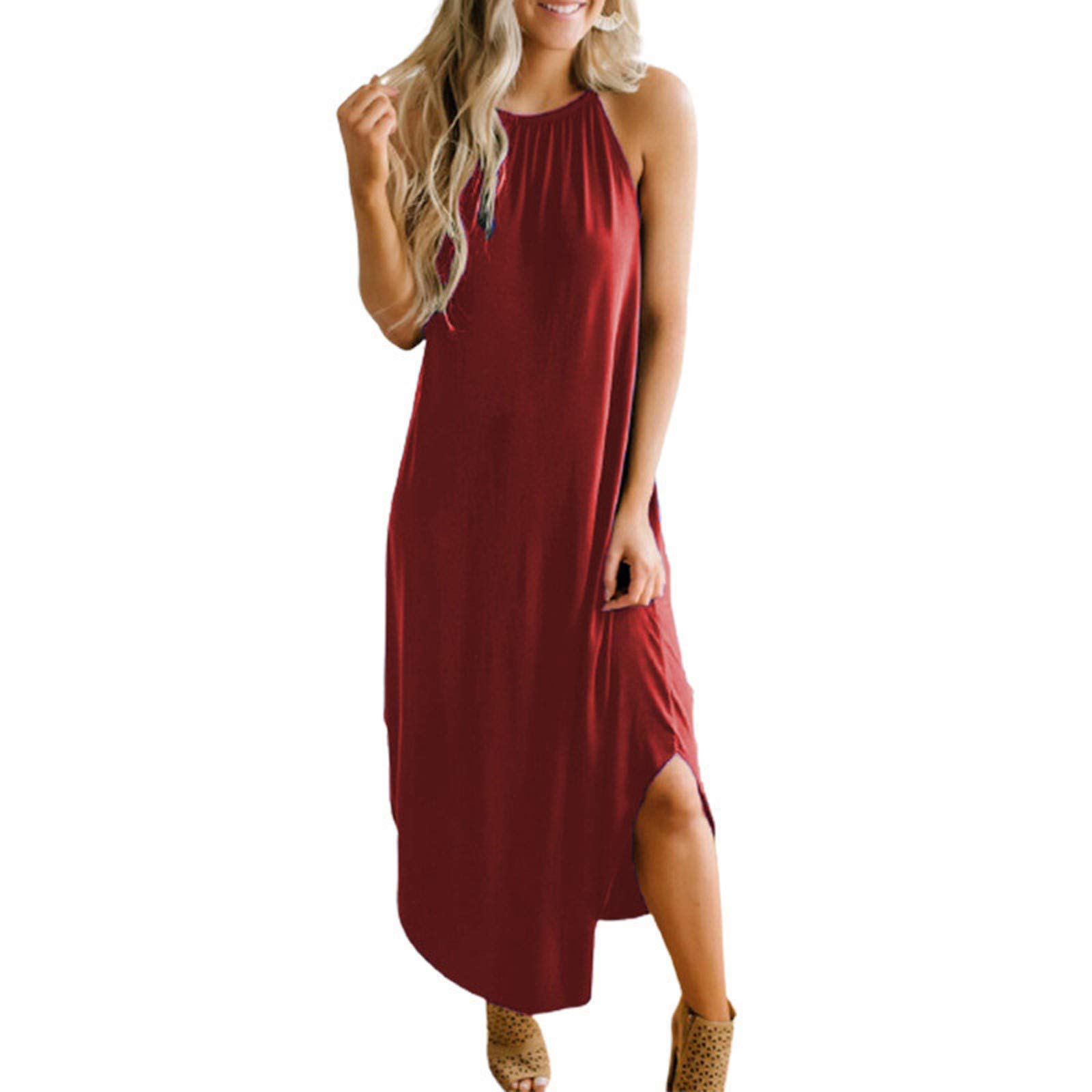 Women's Sleeveless Split Dress - Casual Summer Tank Top with O-Neck & Solid Color - Perfect for Beach Outings, Date Nights & Vacation Wear
