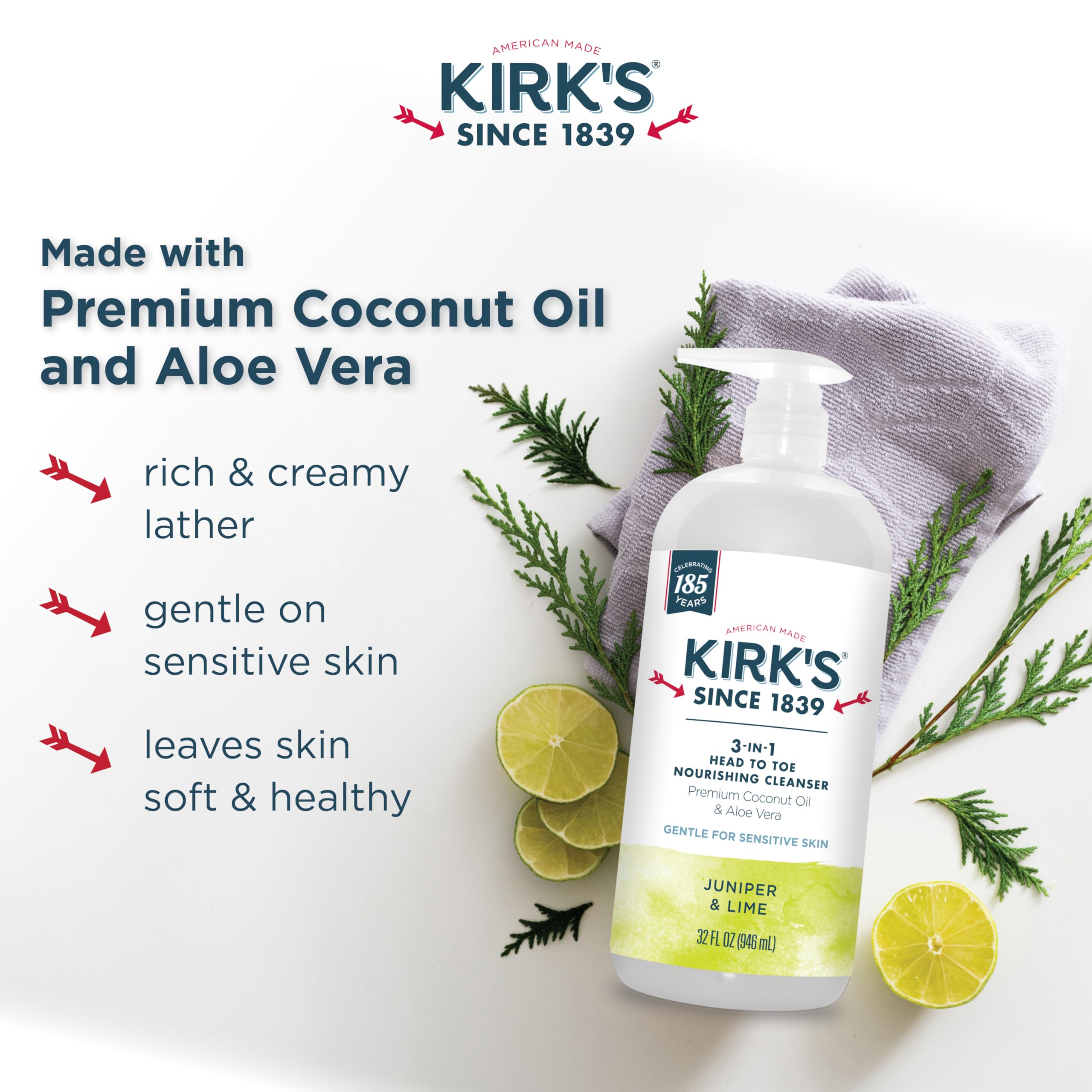 Kirk's 3-in-1 Castile Liquid Soap Travel Size (1.13 oz) - Natural Head-to-Toe Cleanser for Men, Women & Kids | Shampoo, Face Wash & Body Soap | Refreshing Juniper & Lime Scent | Perfect for Travel, Camping & Gym Bags | 32 Fl Oz Bottle