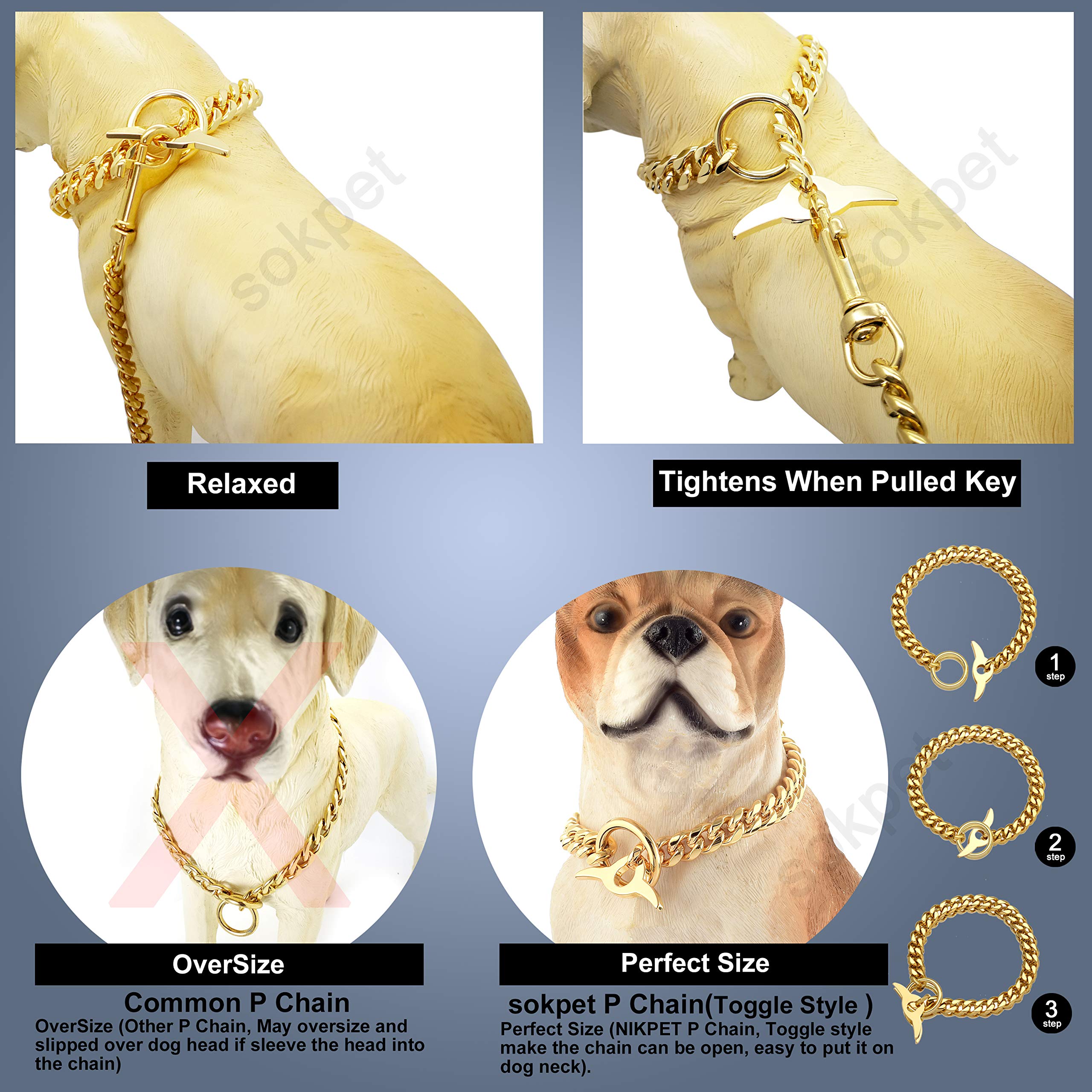 18K Gold Plated Heavy Duty Dog Chain Collar - 10MM Cuban Link Chew Proof Adjustable Training Collar with Toggle Clasp & Dog Tag for Medium Dogs (22