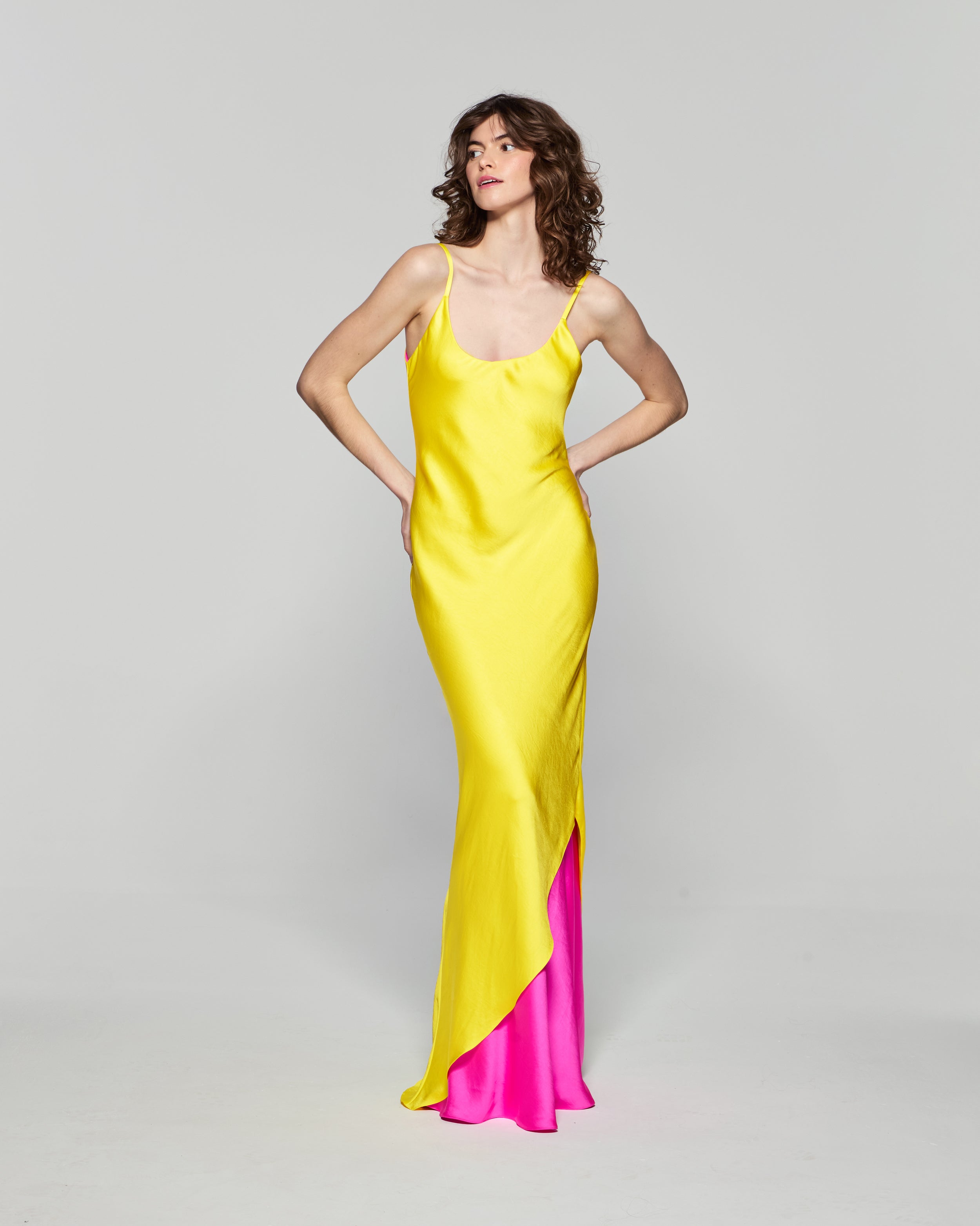 Double Layer Slip Dress for Women - Bright Yellow & Pink Flowy Nightgown - Perfect for Sleepwear, Loungewear, and Summer Dresses