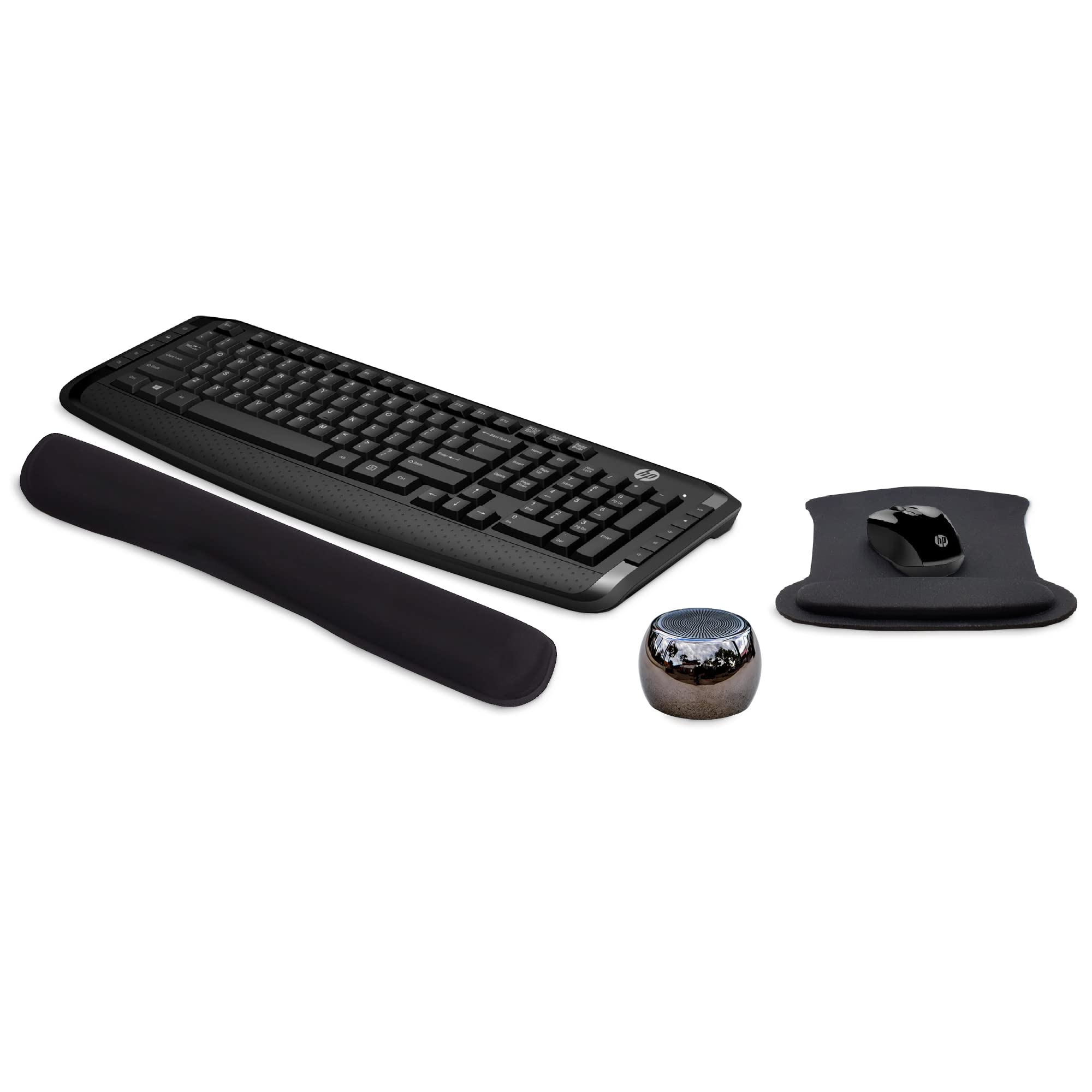 HP Wireless Keyboard and Mouse 300 Bundle with Gel Mouse Pad, Wrist Rest & Bluetooth Speaker - Premium PC Accessories for Home Office, Gaming & Work - Includes Built-in Mic & Selfie Remote Button for Video Calls & Online Meetings