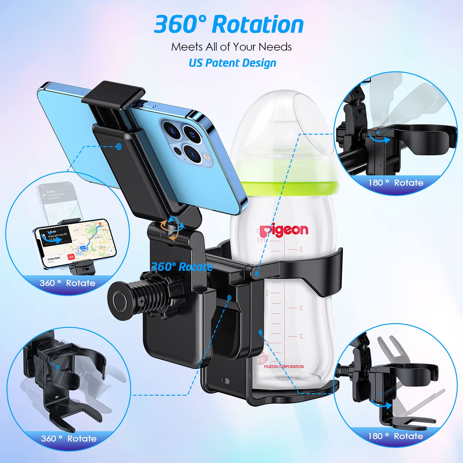 WixGear Universal Stroller Cup Holder with Adjustable Phone Stand - 2-in-1 Drink & Smartphone Holder for Baby Strollers, Wheelchairs, Walkers - Perfect for Parents, Caregivers & Outdoor Activities