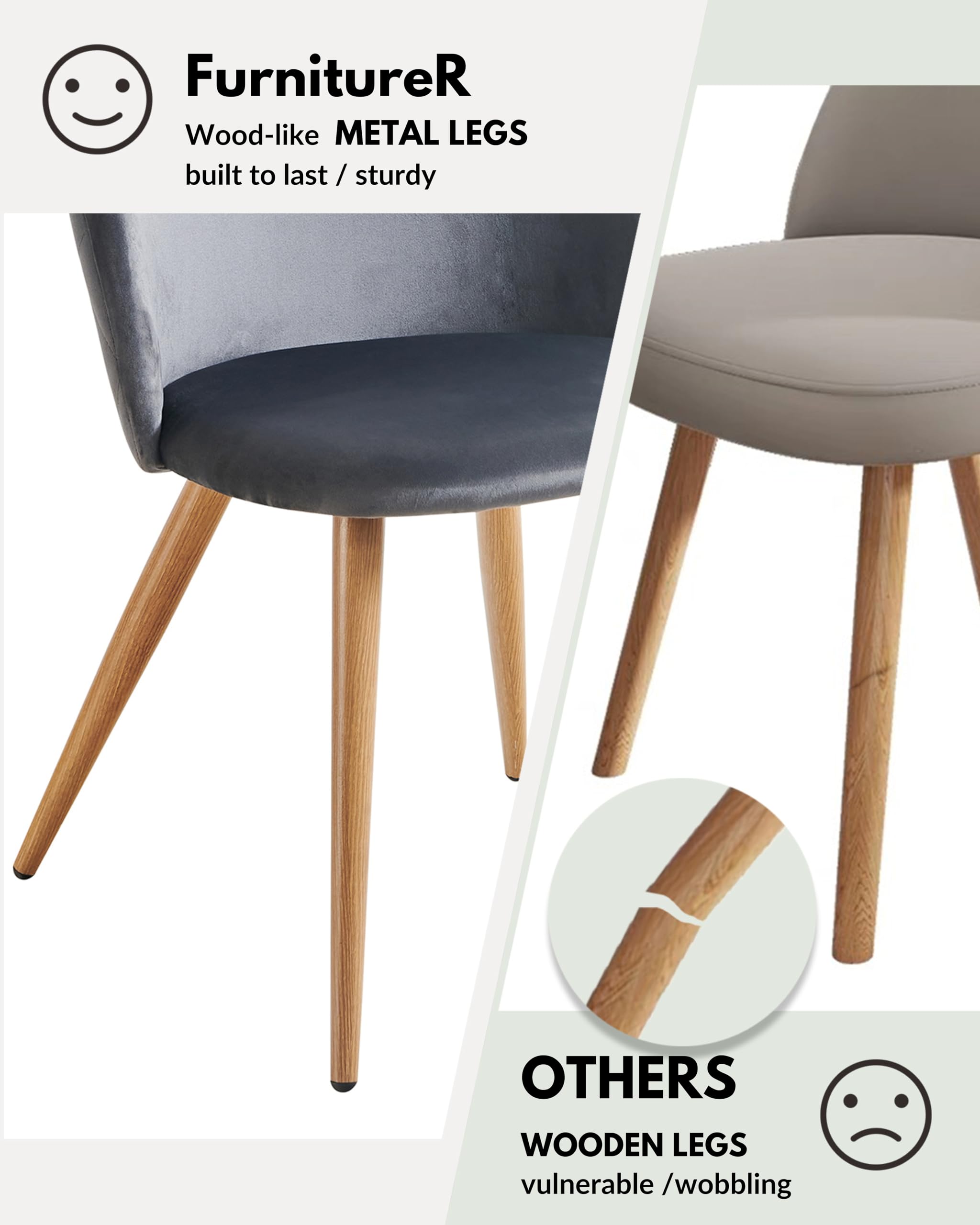 FurnitureR Velvet Dining Chairs Set of 2 - Modern Mid Century Kitchen & Living Room Accent Chairs with Metal Legs, Grey - Perfect for Dining Rooms, Breakfast Nooks & Home Decor (2PCS)