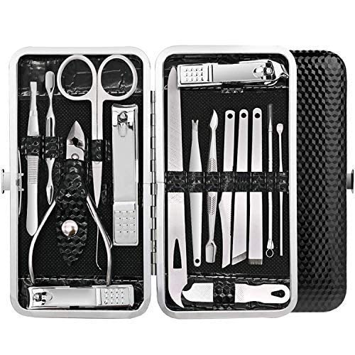 Professional 16-Piece Stainless Steel Manicure Pedicure Kit - Nail Clippers, Scissors & Grooming Tools in Leather Case for Home, Salon & Travel Use