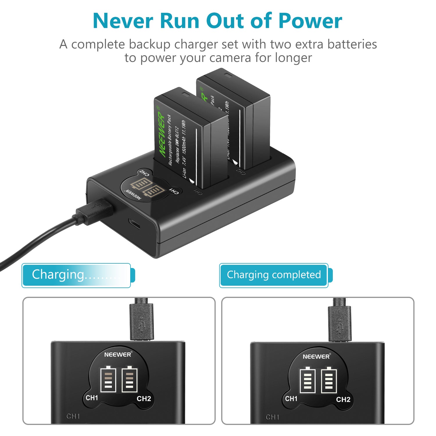 NEEWER DMW BLC12 Replacement Battery Charger Set for Panasonic Cameras - Perfect for Travel, Vlogging & Professional Photography