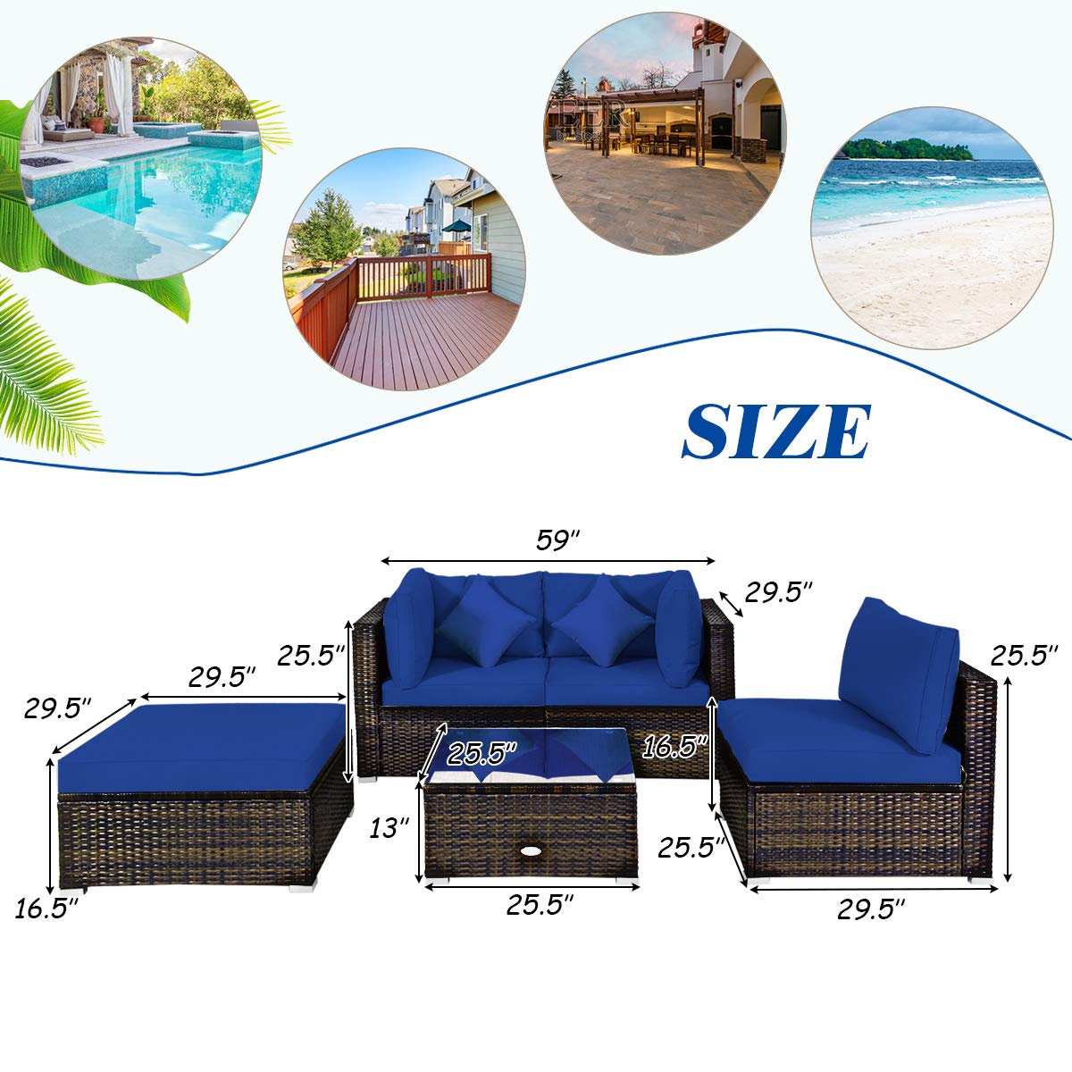 Tangkula 5-Piece Outdoor Patio Furniture Set - All-Weather Wicker Sectional Sofa with Cushions & Glass Table - Navy Blue Rattan Conversation Set for Backyard, Porch, Garden, Poolside & Deck Relaxation