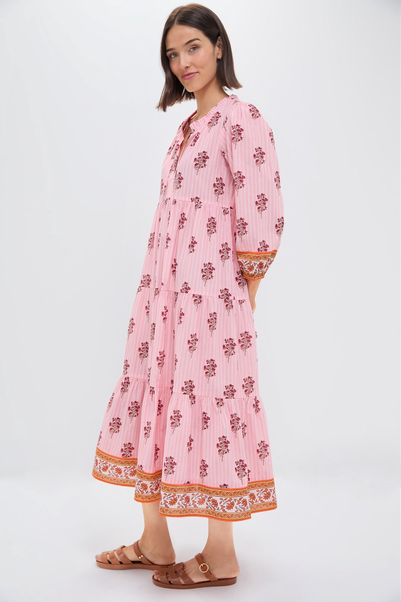 Blush Striped Bouquet Long Sleeve Salty Paloma Caftan Dress - Elegant Beach Cover Up for Summer Vacations & Boho Chic Outfits