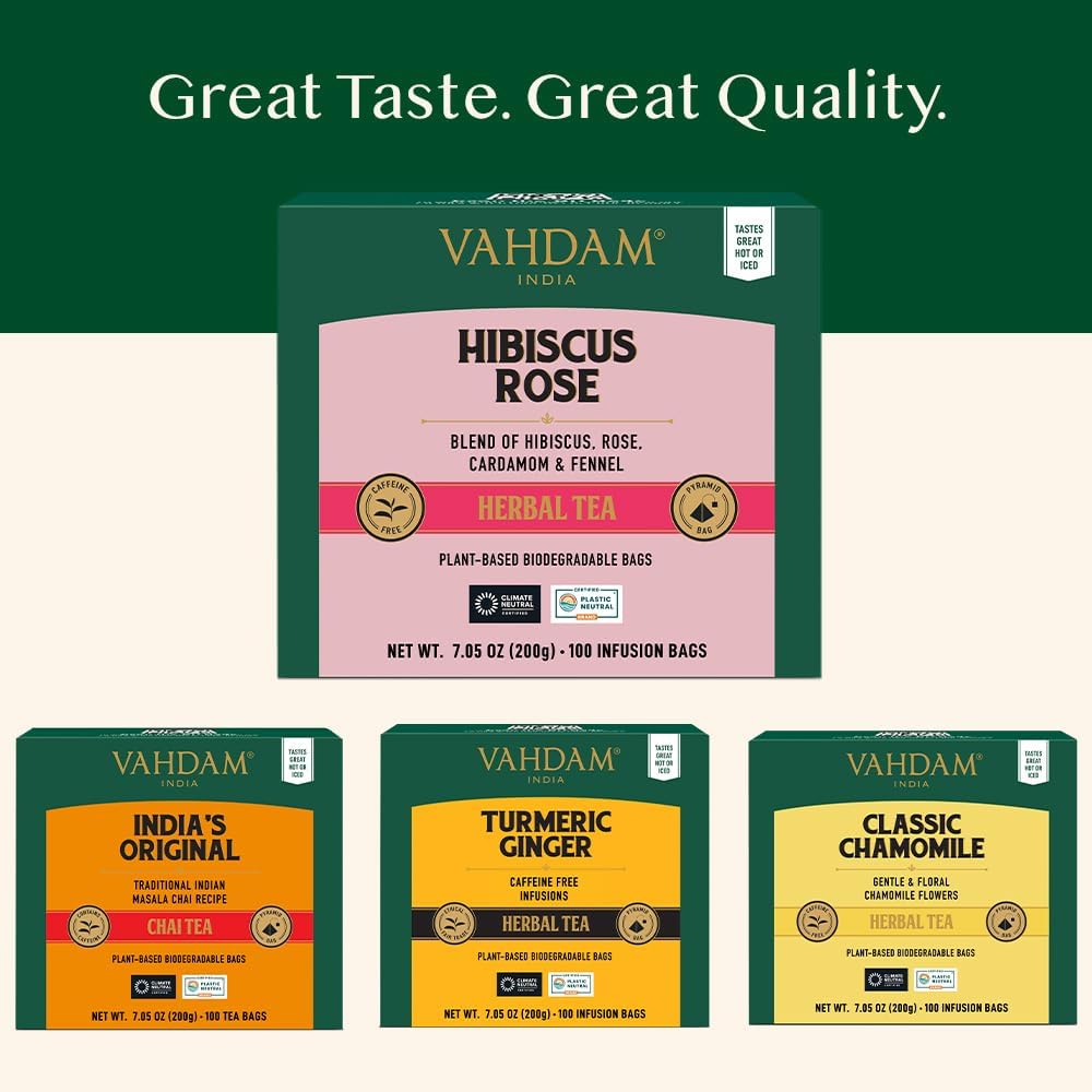 VAHDAM Hibiscus Rose Herbal Tea Bags - 100% Natural Whole Hibiscus Flowers with Rose Petals, Chamomile & Exotic Spices (100 Count) | Caffeine-Free Floral Infusion | Resealable Ziplock Pouch | Perfect for Relaxation, Detox & Afternoon Tea Time