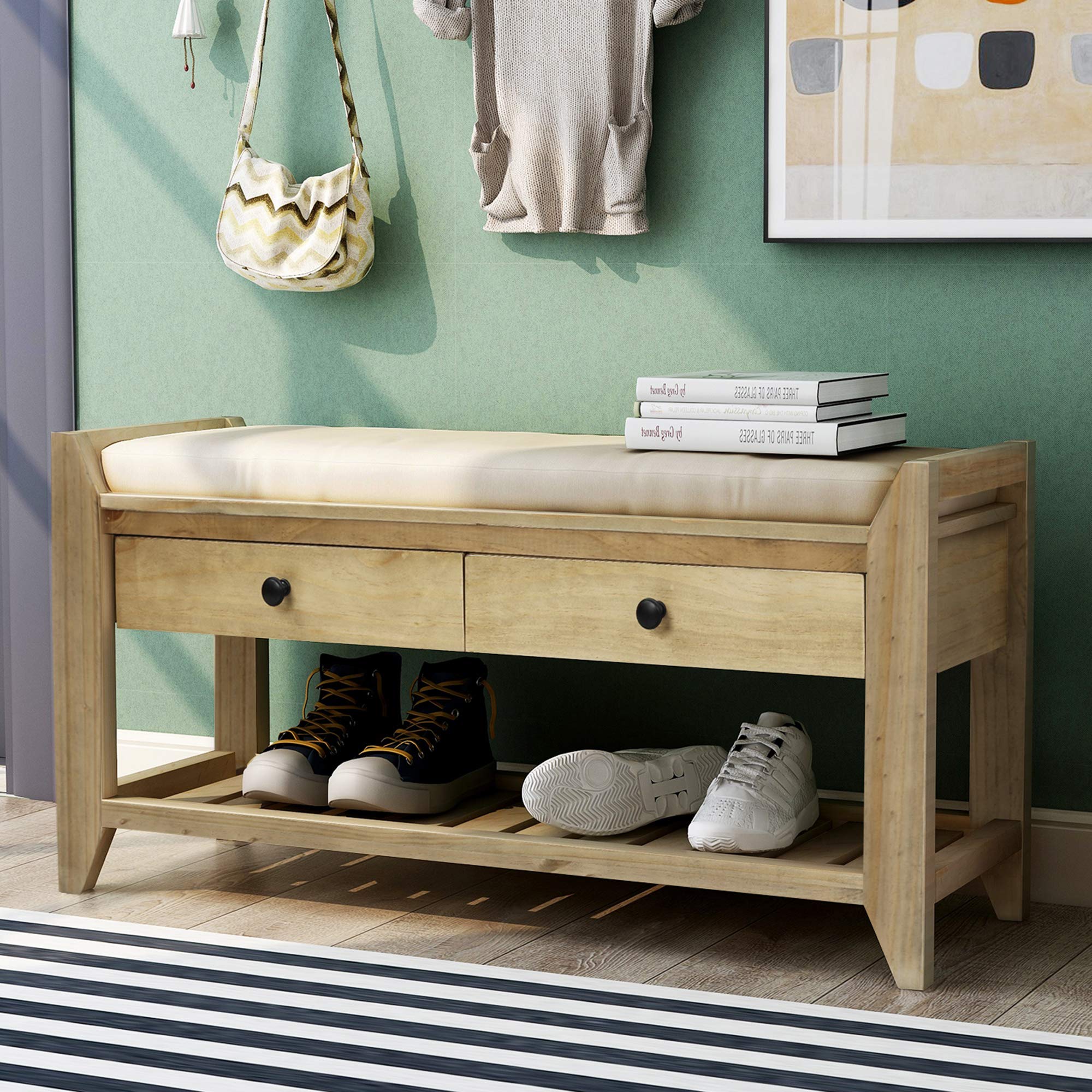 P PURLOVE Entryway Storage Bench with Cushioned Seat - Shoe Rack with 2 Drawers & Storage Shelf, Gray Wash - Perfect for Hallway, Mudroom & Entryway Organization