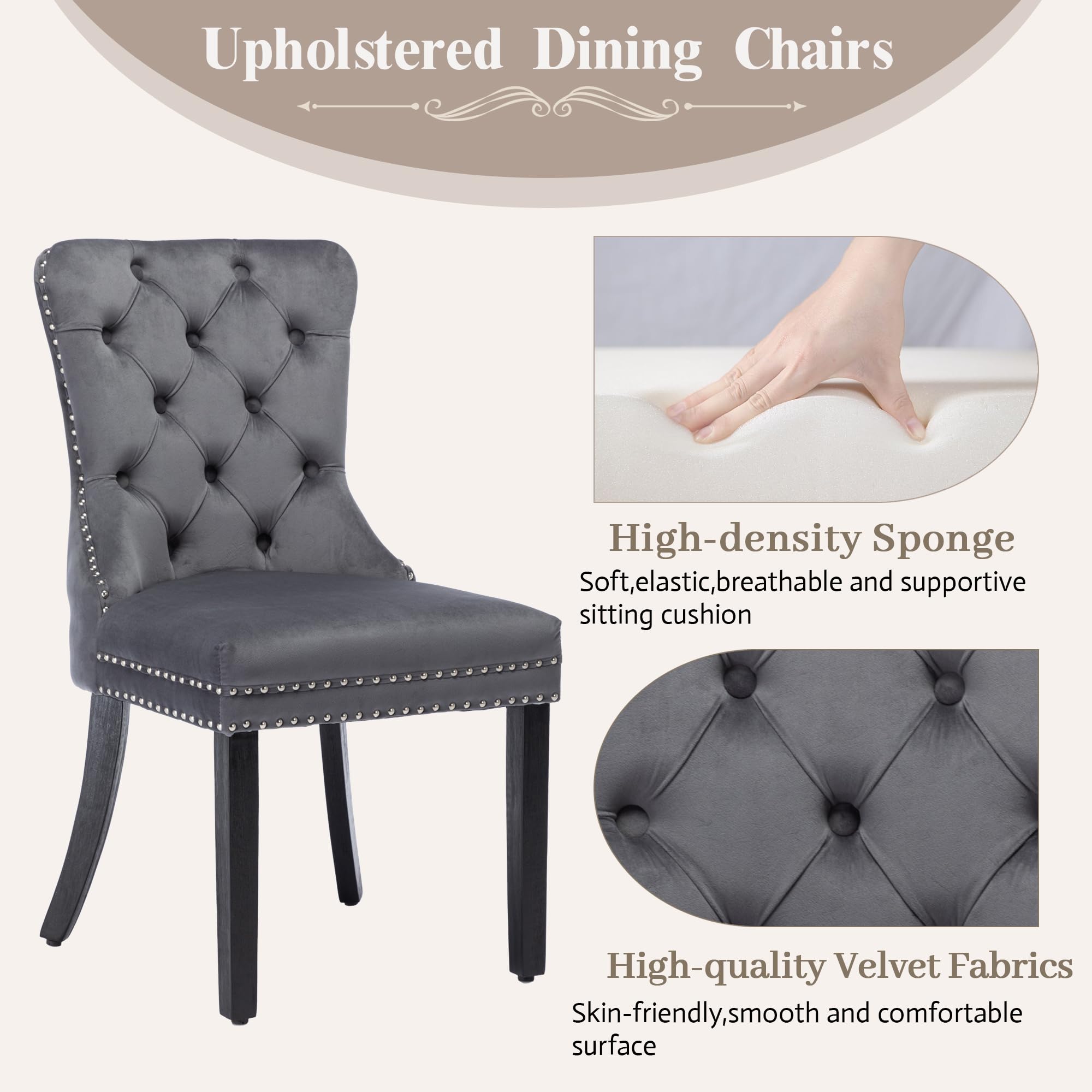 Luxury Velvet Dining Chairs Set of 2 - Modern Upholstered Tufted Kitchen Chairs with Nailhead Trim & Solid Wood Legs, Grey Nikki Collection for Dining Room, Restaurant or Home Decor