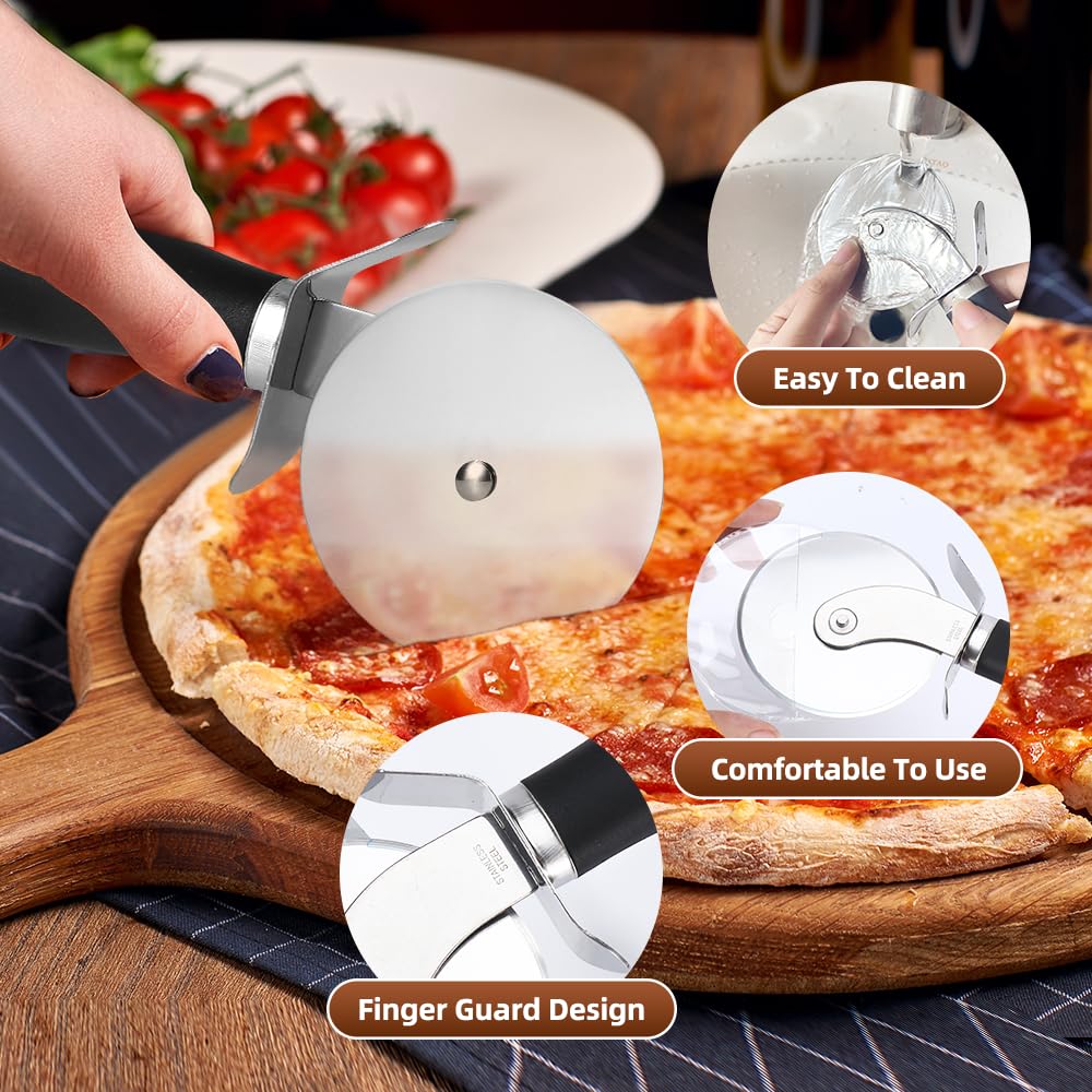 Premium Stainless Steel Pizza Cutter Wheel - Sharp & Durable Pizza Slicer for Easy Cutting & Cleaning - Dishwasher Safe - Perfect for Large & Small Pizzas (Black) - Ideal for Home Kitchens, Restaurants & Pizza Parties
