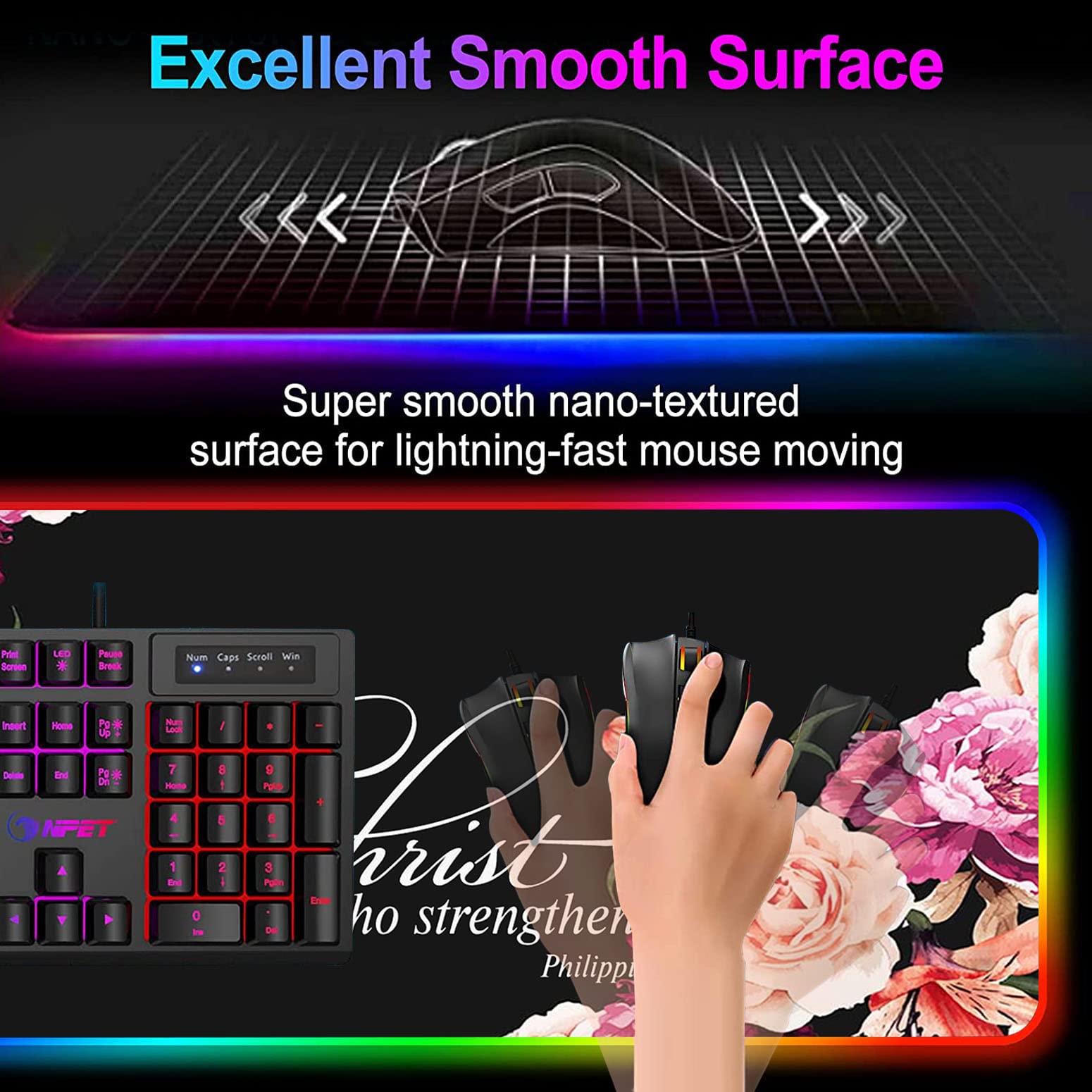 RGB Gaming Mouse Pad with LED Lights - Large Non-Slip Desk Mat for Keyboard & Mouse | Waterproof Optical Surface | Perfect for PC Gaming Setup | Features Philippians 4:13 Bible Verse & Peony Flower Design