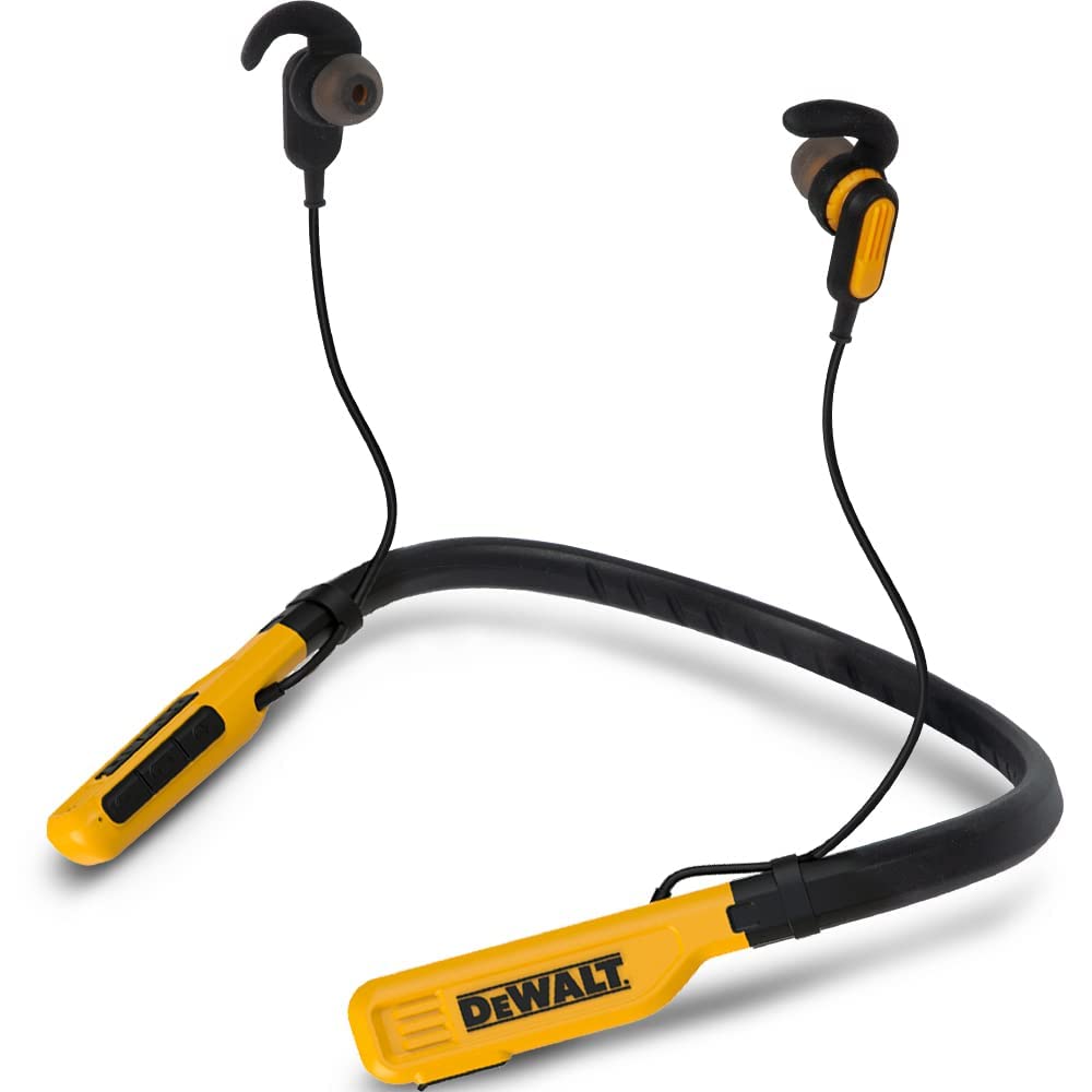 DEWALT Wireless Bluetooth Neckband Headphones - 30H Battery Life, Magnetic Noise-Isolating Earbuds, Built-in Mic for Clear Calls - Perfect for Construction Sites, Workouts & Commuting