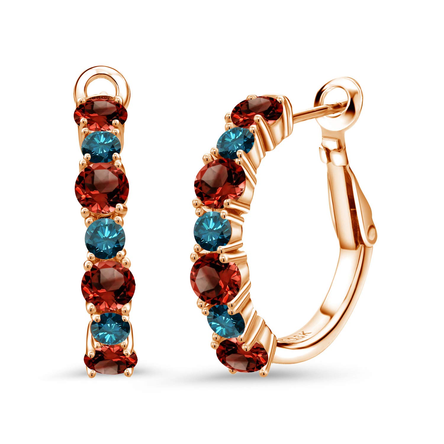 3.56 Ct Genuine Red Garnet & Blue Diamond 18K Rose Gold Plated Silver Hoop Earrings for Women | Elegant Dangle Earrings for Party, Wedding & Everyday Wear | Gem Stone King