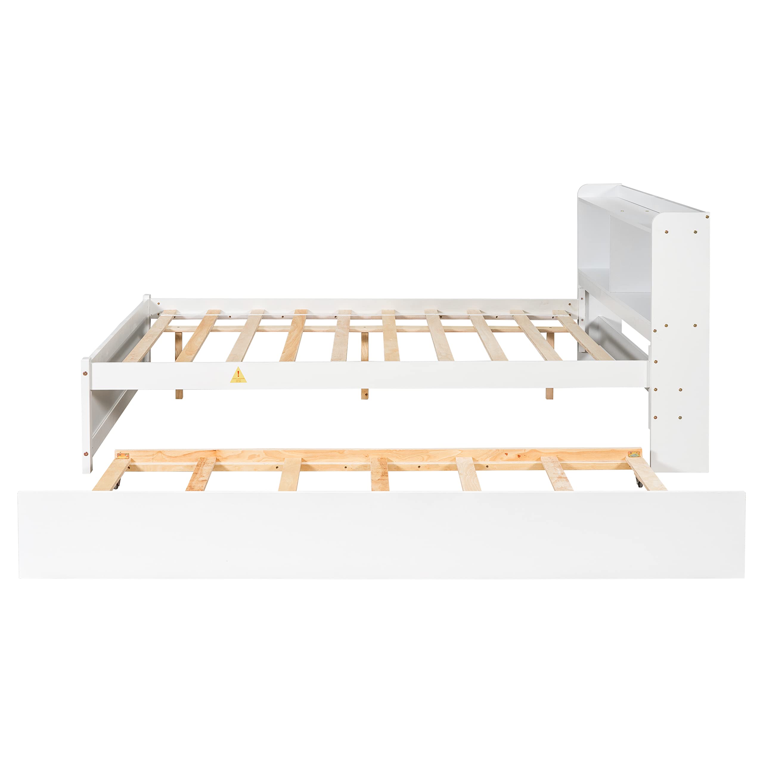Full Size Captain's Bed Frame with Trundle & Bookcase Headboard - Storage Bed for Kids, Teens & Adults - White | Space-Saving Bedroom Solution for Small Rooms & Guest Rooms