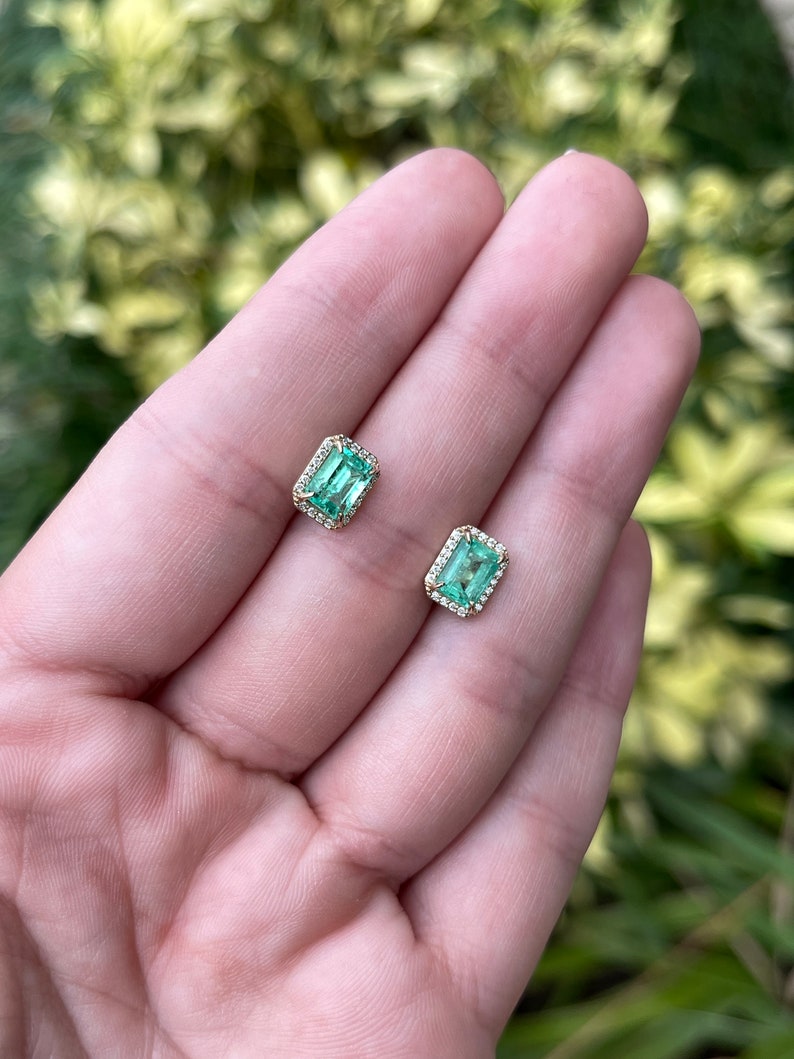 2.10tcw 14K Gold Classic 9x7mm Emerald Cut Natural Diamond Halo Stud Earrings - Perfect for Weddings, Anniversaries & Special Occasions