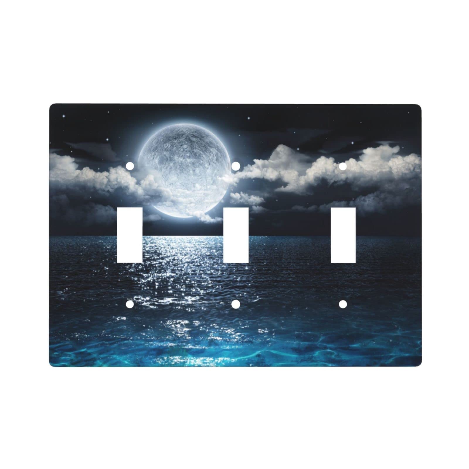 XRELZRS Ocean Themed 3 Gang Light Switch Cover - Decorative Moon & Sea Wall Plate, Triple Toggle Standard Size Faceplate for Home, Bedroom, Bathroom, Office Decor