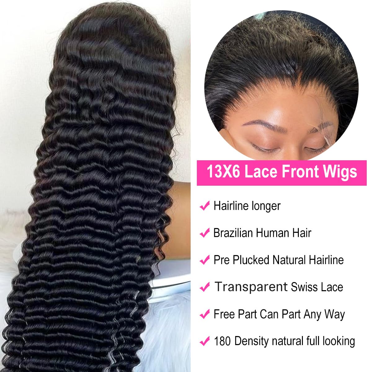 32 Inch 13x6 HD Lace Front Wig Human Hair - Deep Wave Curly Glueless Lace Frontal Wig for Women, Pre-Plucked 180 Density Natural Black Color | Perfect for Daily Wear, Cosplay & Special Occasions