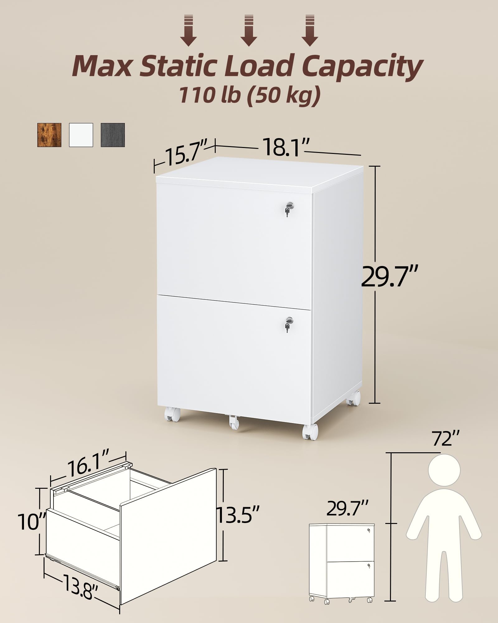 TIQLAB 2 Drawer Mobile File Cabinet - White Vertical Storage for Letter, Legal & A4 Documents - Perfect for Home Office & Under Desk Organization - Compact File Organizer for Papers, Folders & Office Supplies