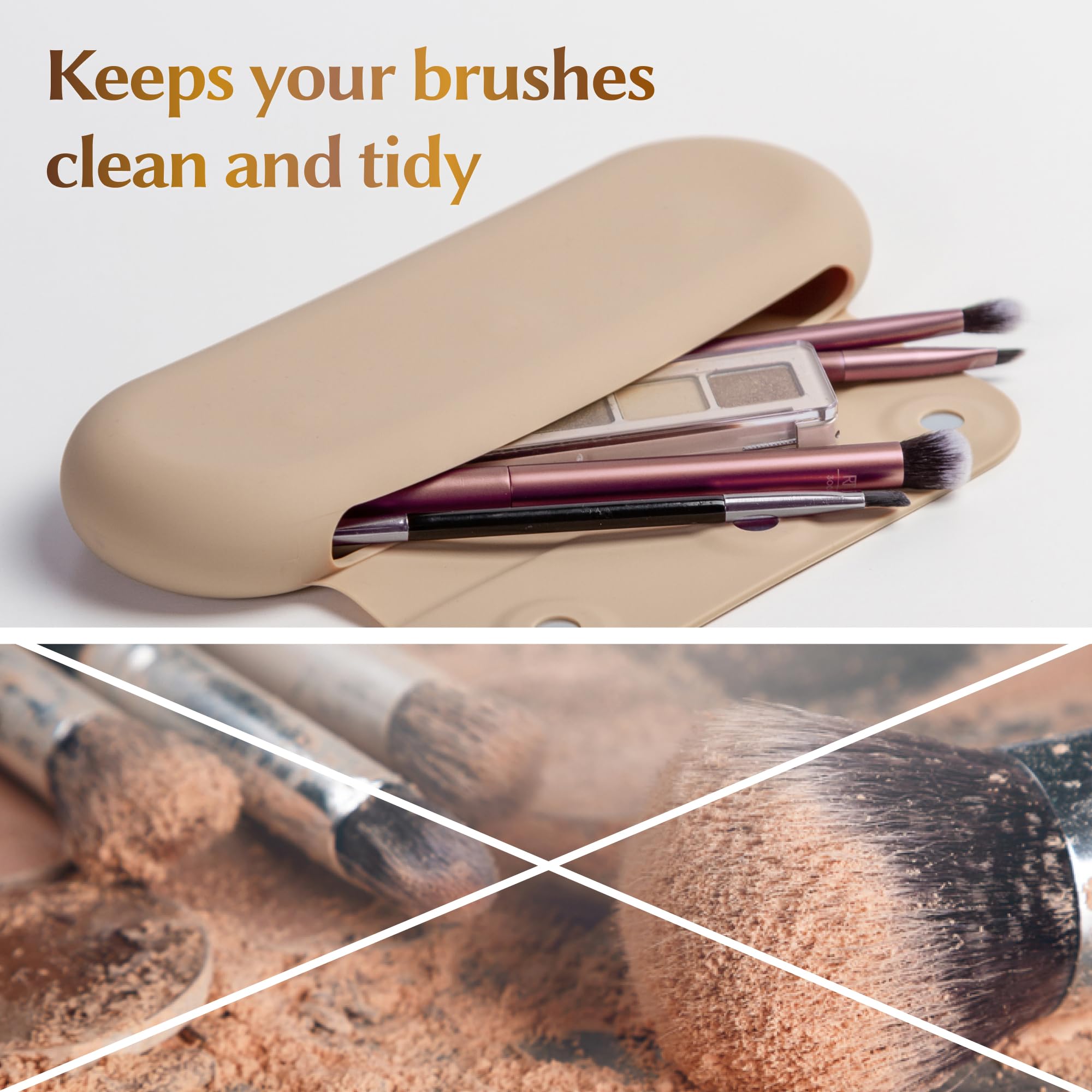 Premium Silicone Makeup Brush Holder - Travel-Friendly Magnetic Closure Cosmetic Organizer Case (Khaki) | Perfect for Home Vanity, Travel & On-The-Go Makeup Storage