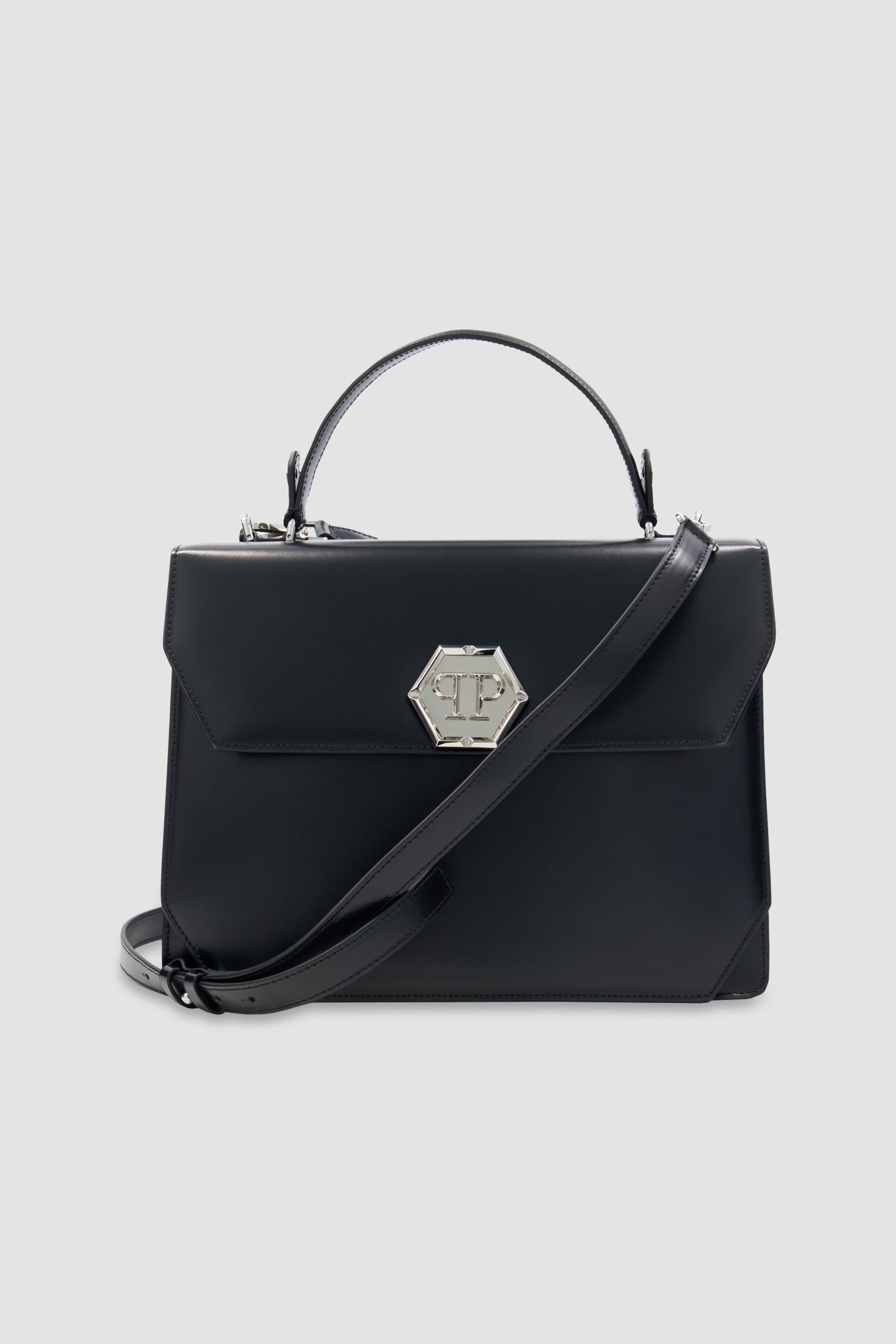 Philipp Plein Black Superheroine Large Hexagon Leather Handle Bag - Stylish Designer Tote for Women, Perfect for Work, Travel & Evening Events