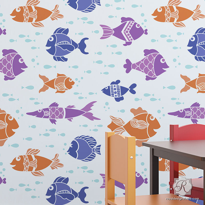 Fish Tales Wall Stencil - Reusable DIY Home Decoration Template for Nursery, Bathroom & Coastal Decor | Perfect for Painting, Stenciling & Wall Art Projects